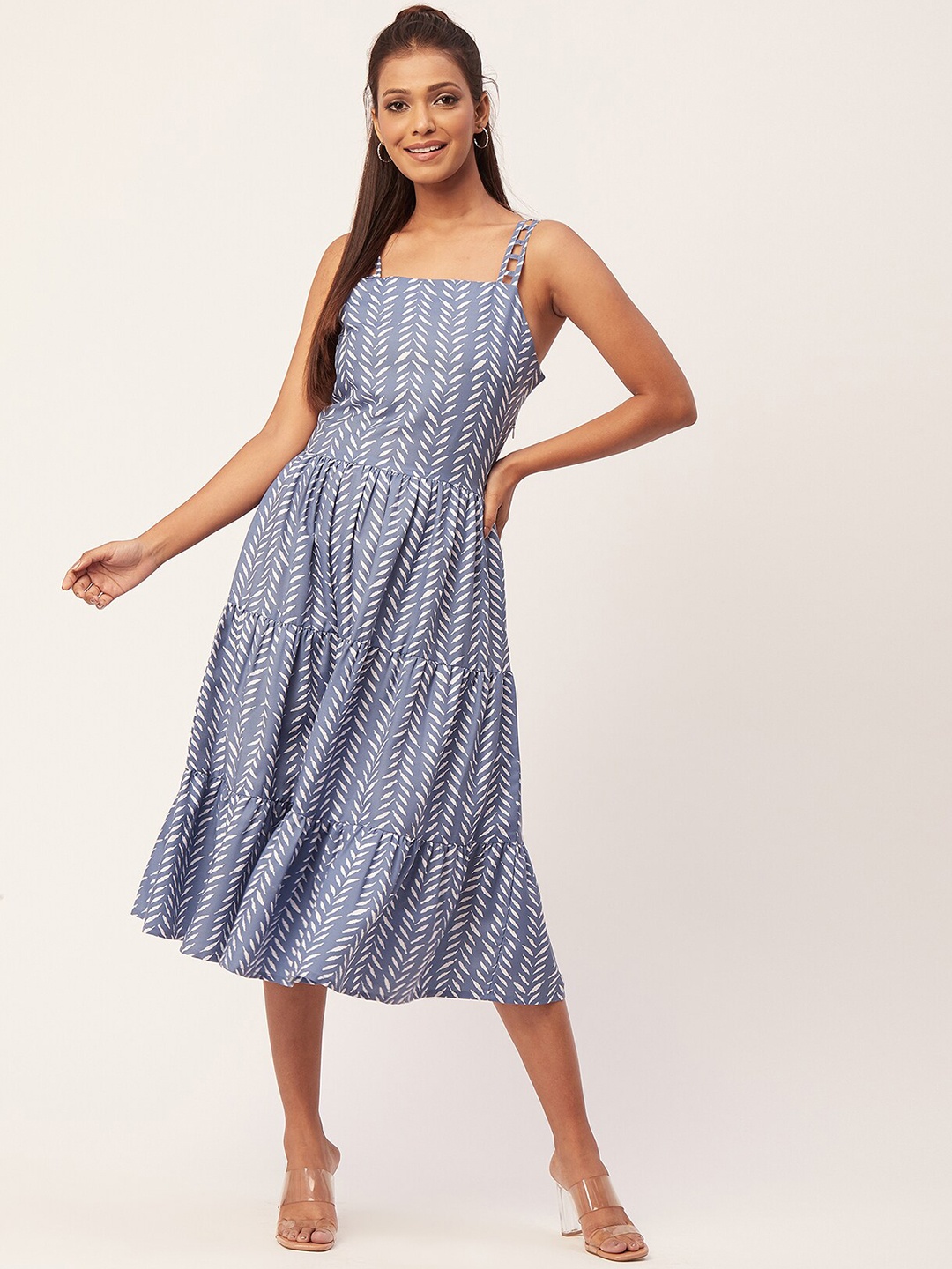 

Moomaya Striped Shoulder Straps Tiered Fit & Flare Midi Dress, Blue