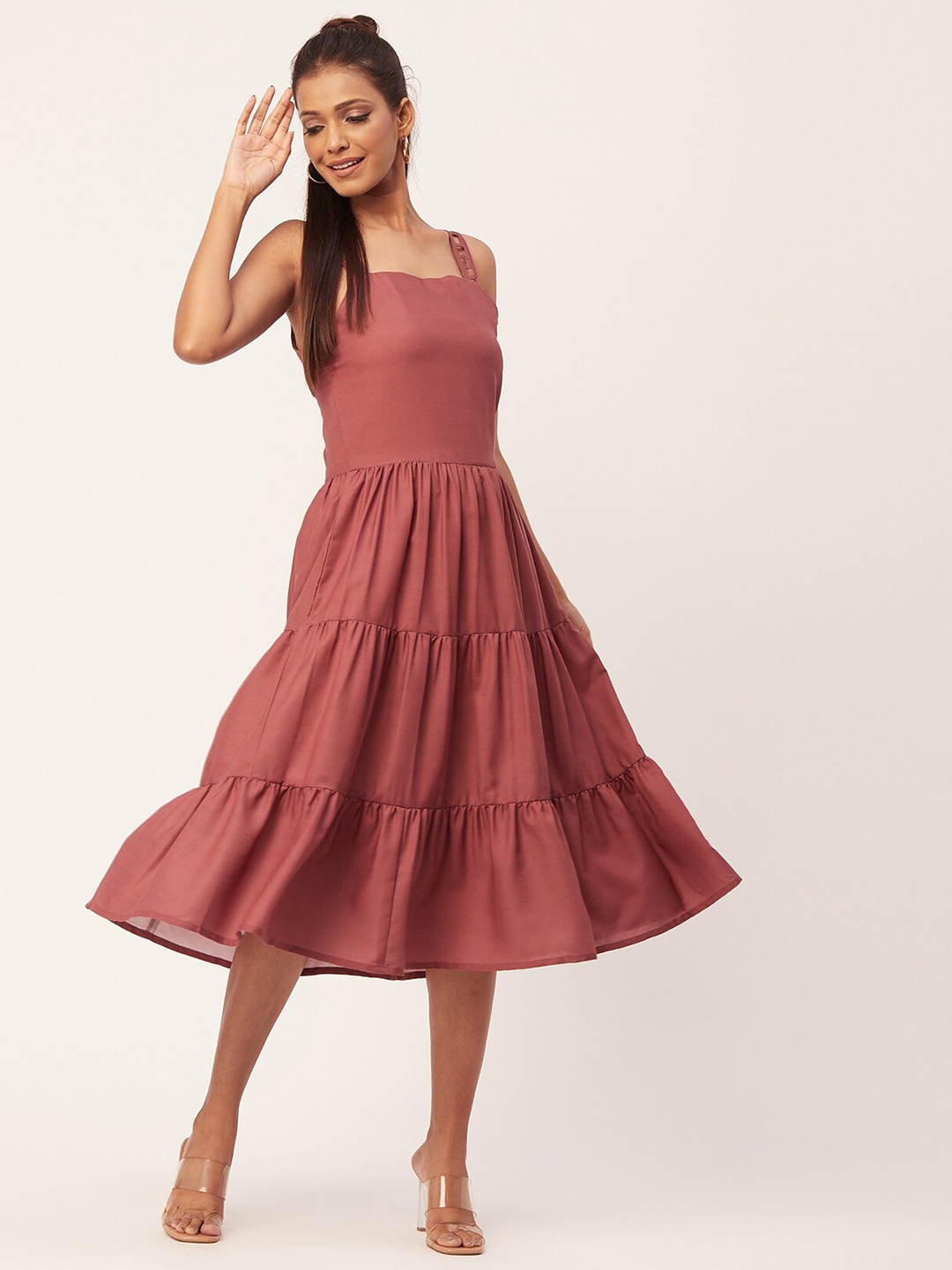 

Moomaya Shoulder Straps Tiered Fit & Flare Midi Dress, Brown