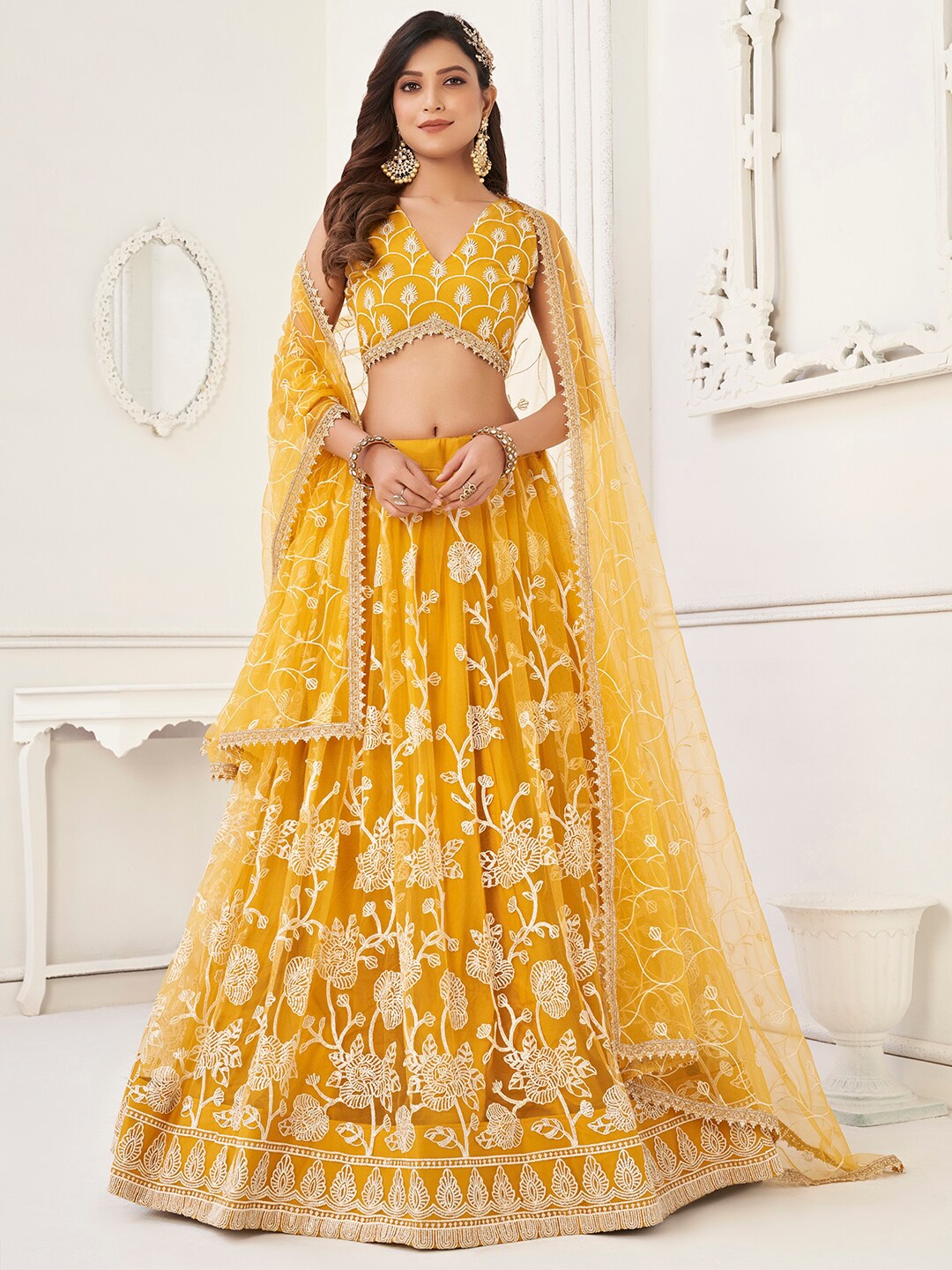 

FABPIXEL Embroidered Sequinned Net Semi-Stitched Lehenga & Unstitched Blouse With Dupatta, Yellow