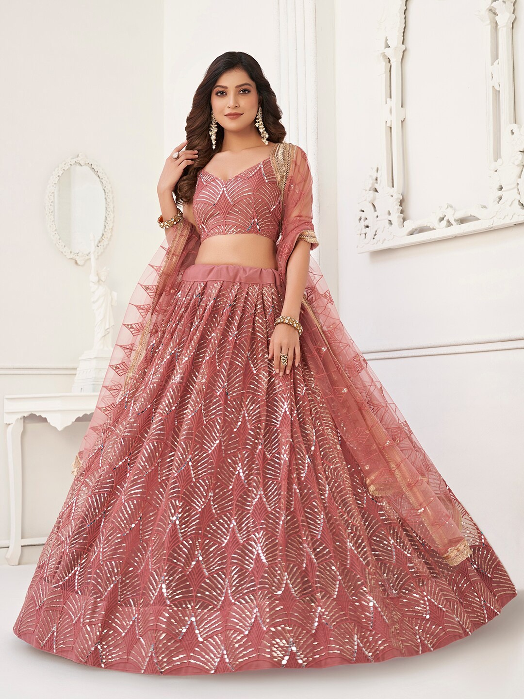 FABPIXEL Embellished Sequinned Semi-Stitched Lehenga & Unstitched Blouse With Dupatta, Pink