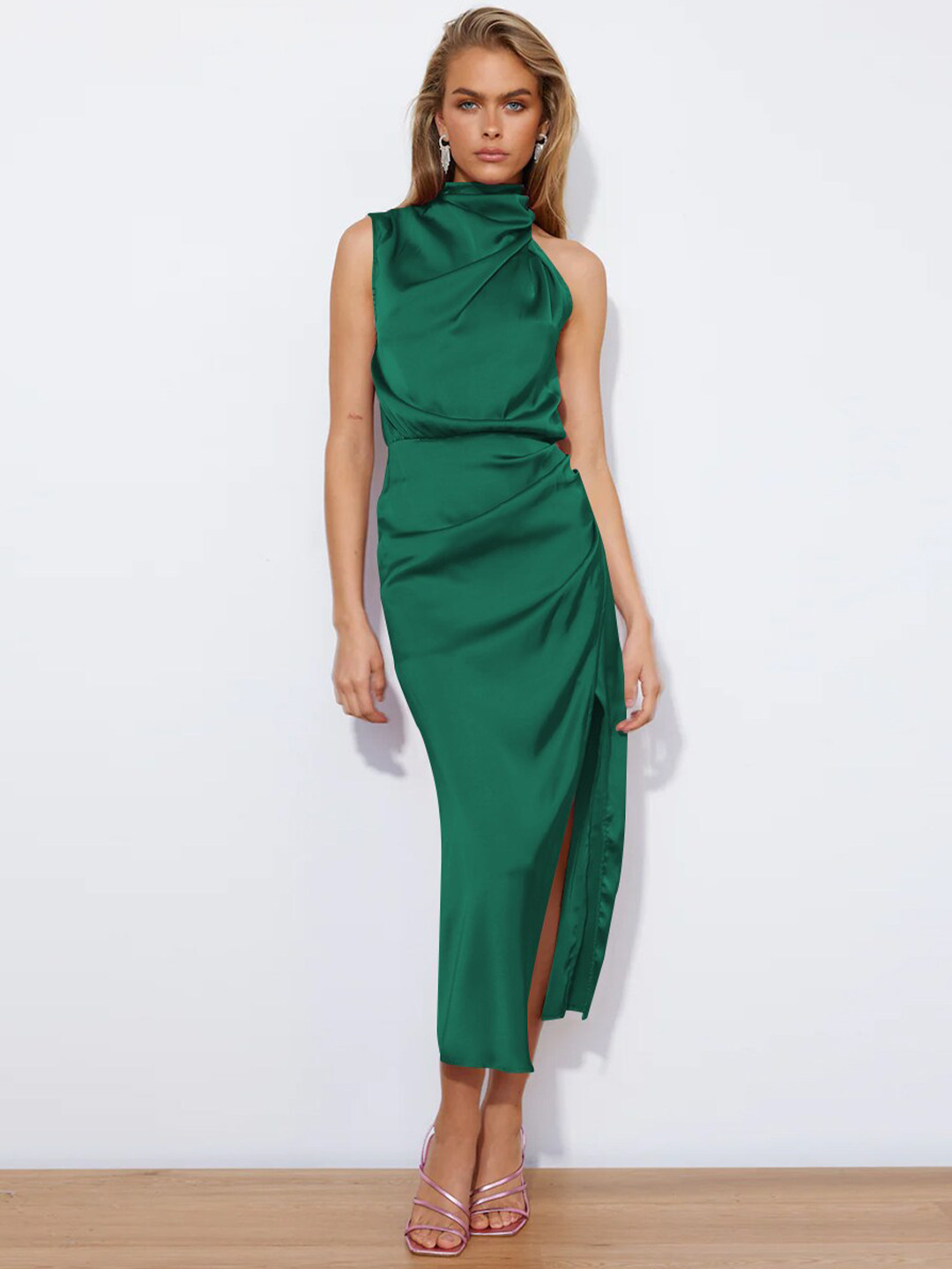 

StyleCast Green High Neck Gathered Detail Ruched Sheath Midi Dress