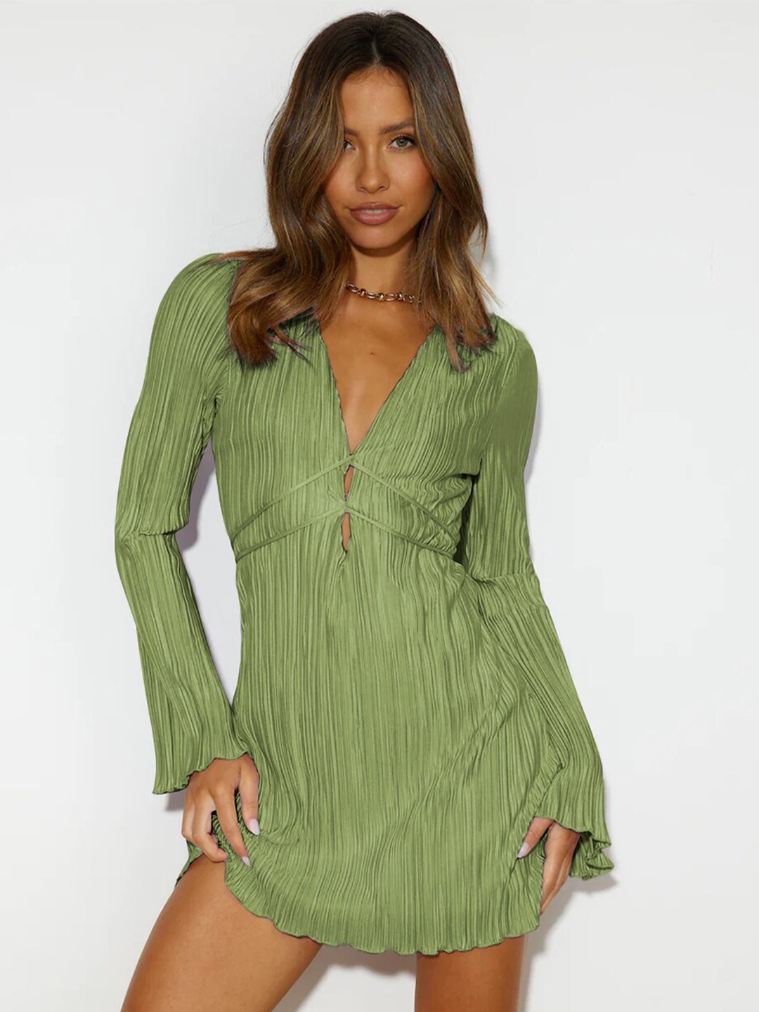 

StyleCast Green Self Design V-Neck A-Line Mini Dress