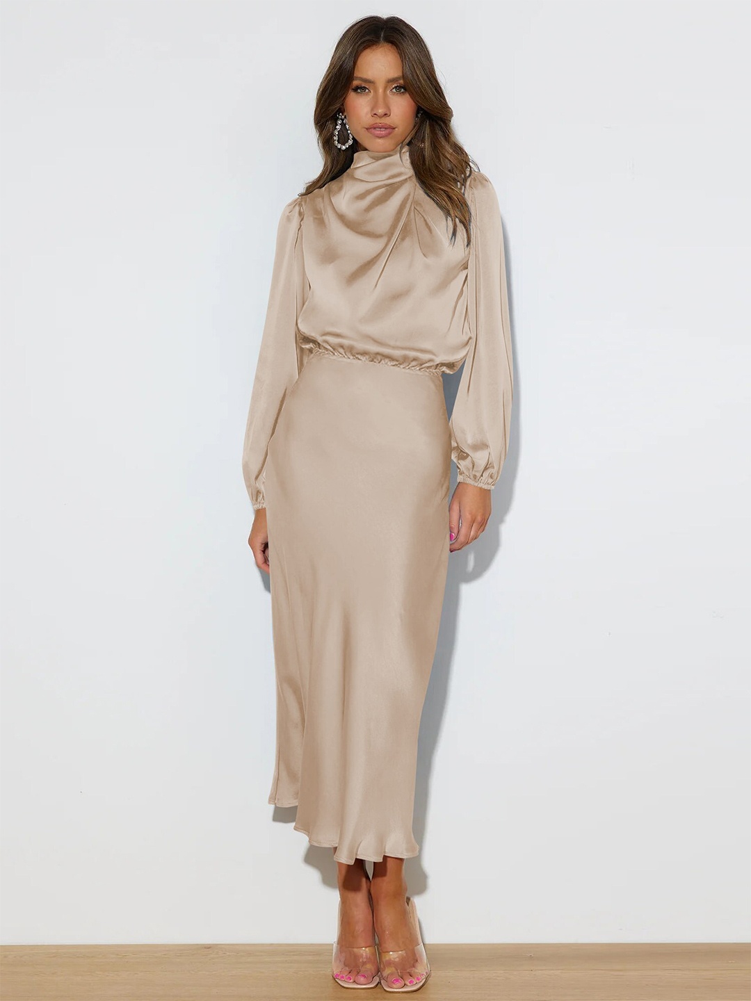 

StyleCast Puff Sleeves High Neck Sheath Dress, Beige