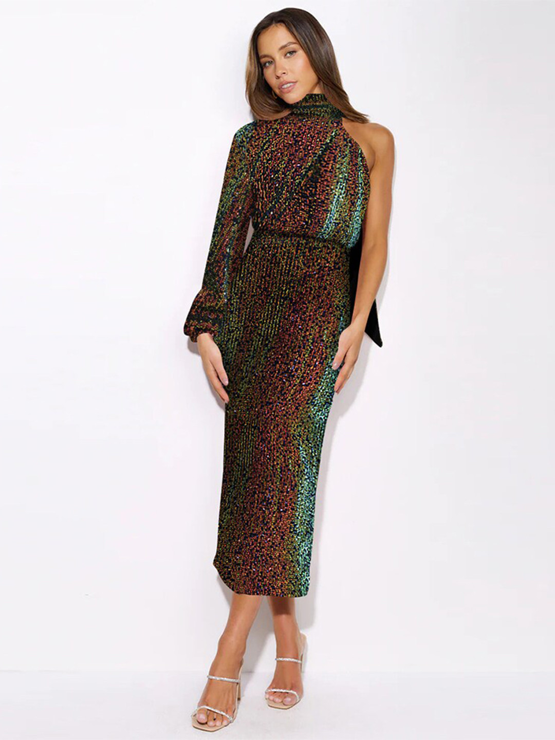 

StyleCast Embellished Bell Sleeves High Neck Maxi Sheath Dress, Brown