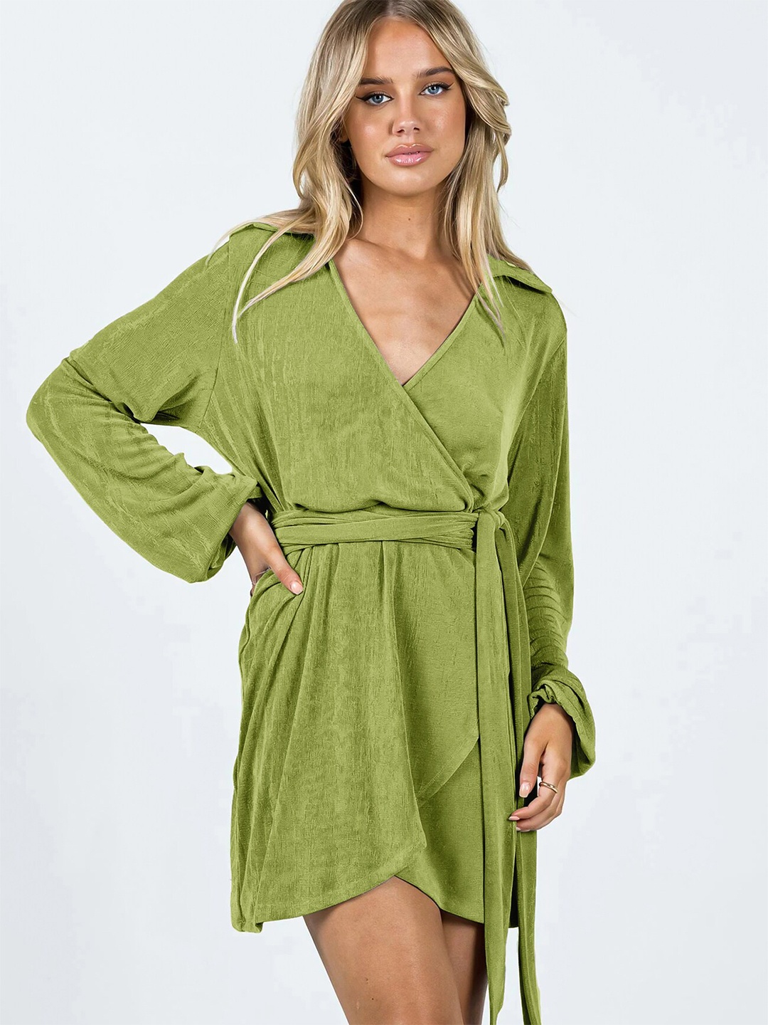 

StyleCast Shirt Collar Puff Sleeve Tie Up Detail Wrap Dress, Green