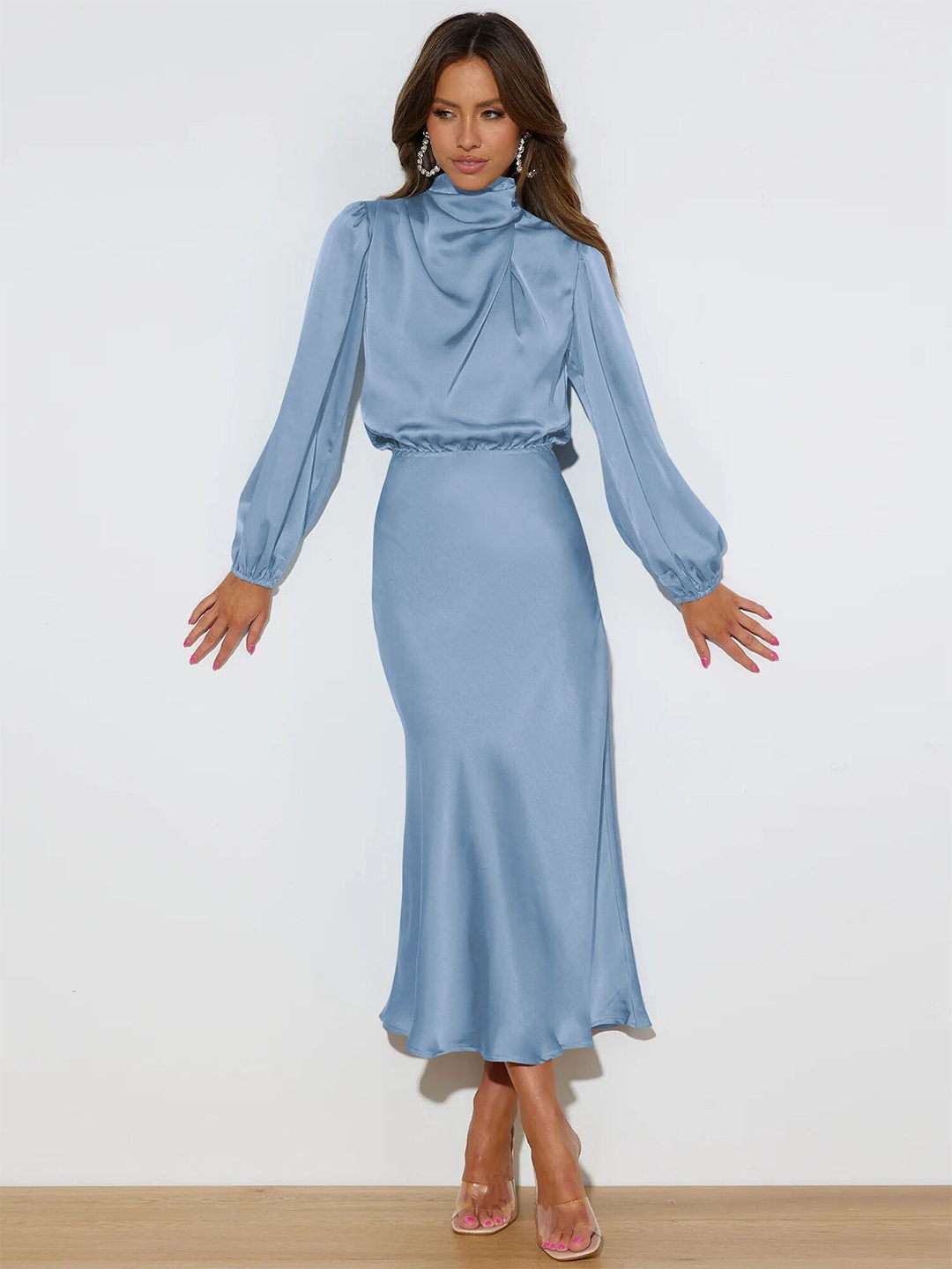 

StyleCast HighNeck Puff Sleeve Blouson Midi Dress, Blue