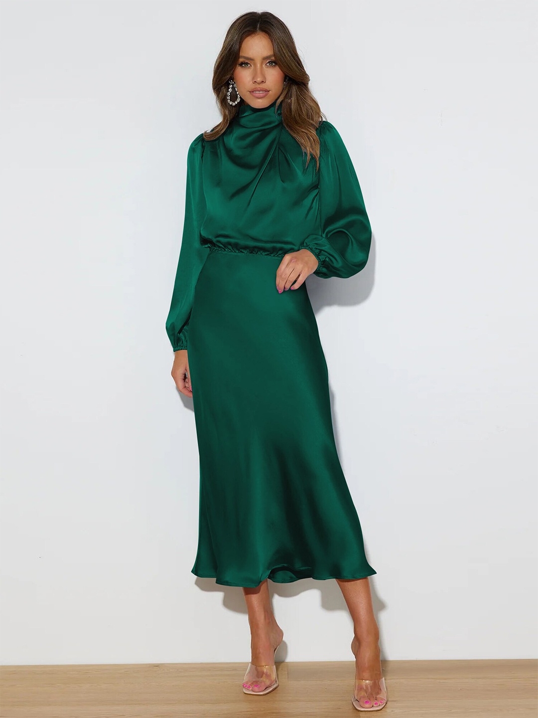 

StyleCast High Neck Puff Sleeve Blouson Midi Dress, Green