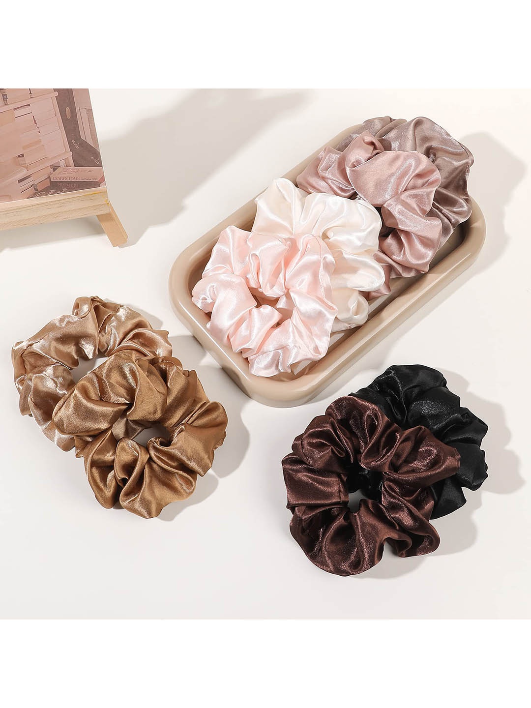 FIMBUL Women Set Of 8 Satin Ponytail Holders, Brown