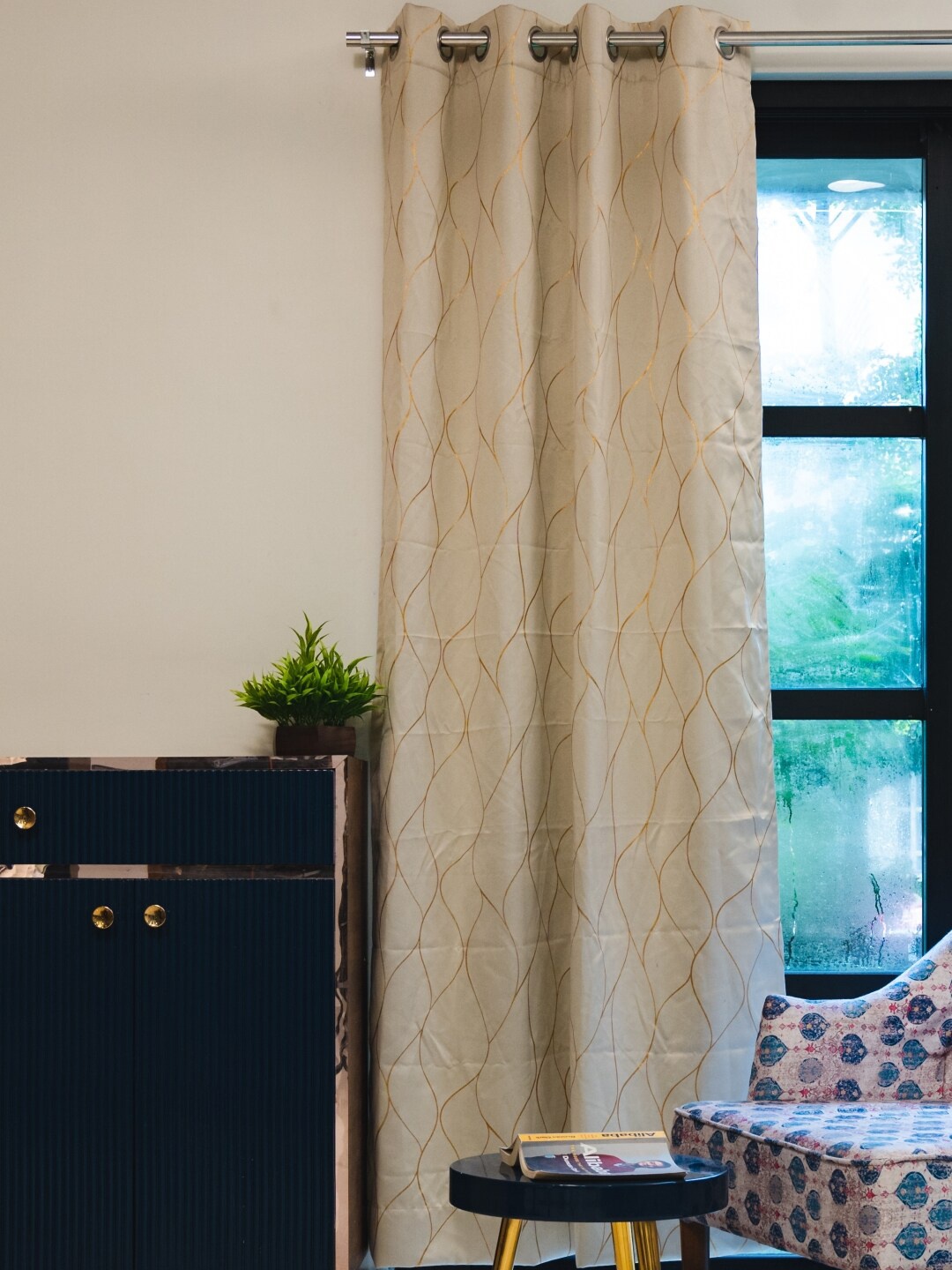 

URBAN SPACE Beige & Gold-Toned Printed Black Out Long Door Curtain