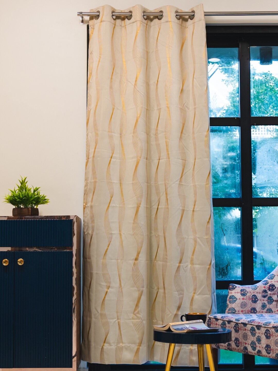 

URBAN SPACE Beige & Gold-Toned Printed Black Out Door Curtain