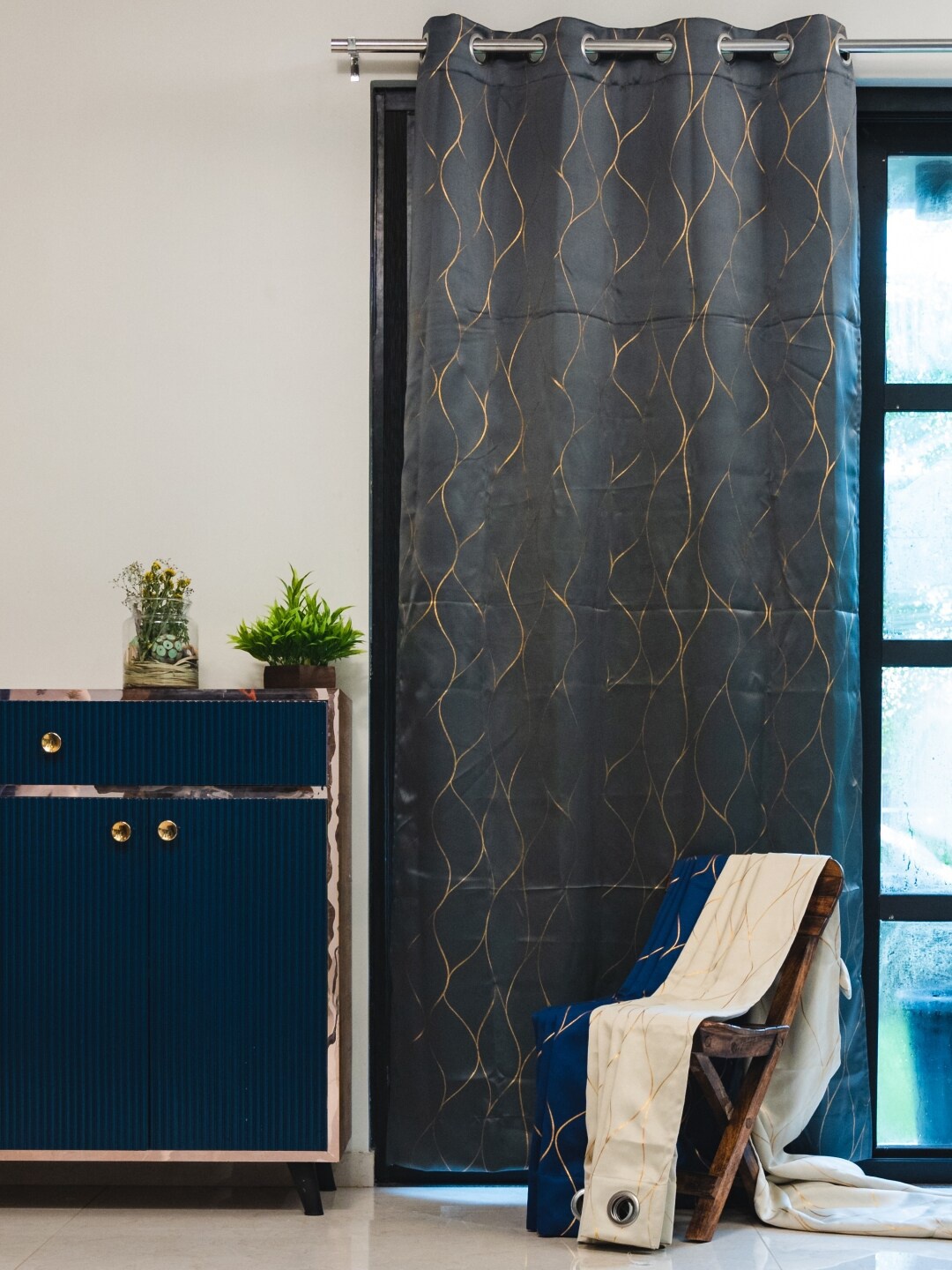 

URBAN SPACE Grey & Gold-Toned Printed Black Out Door Curtain