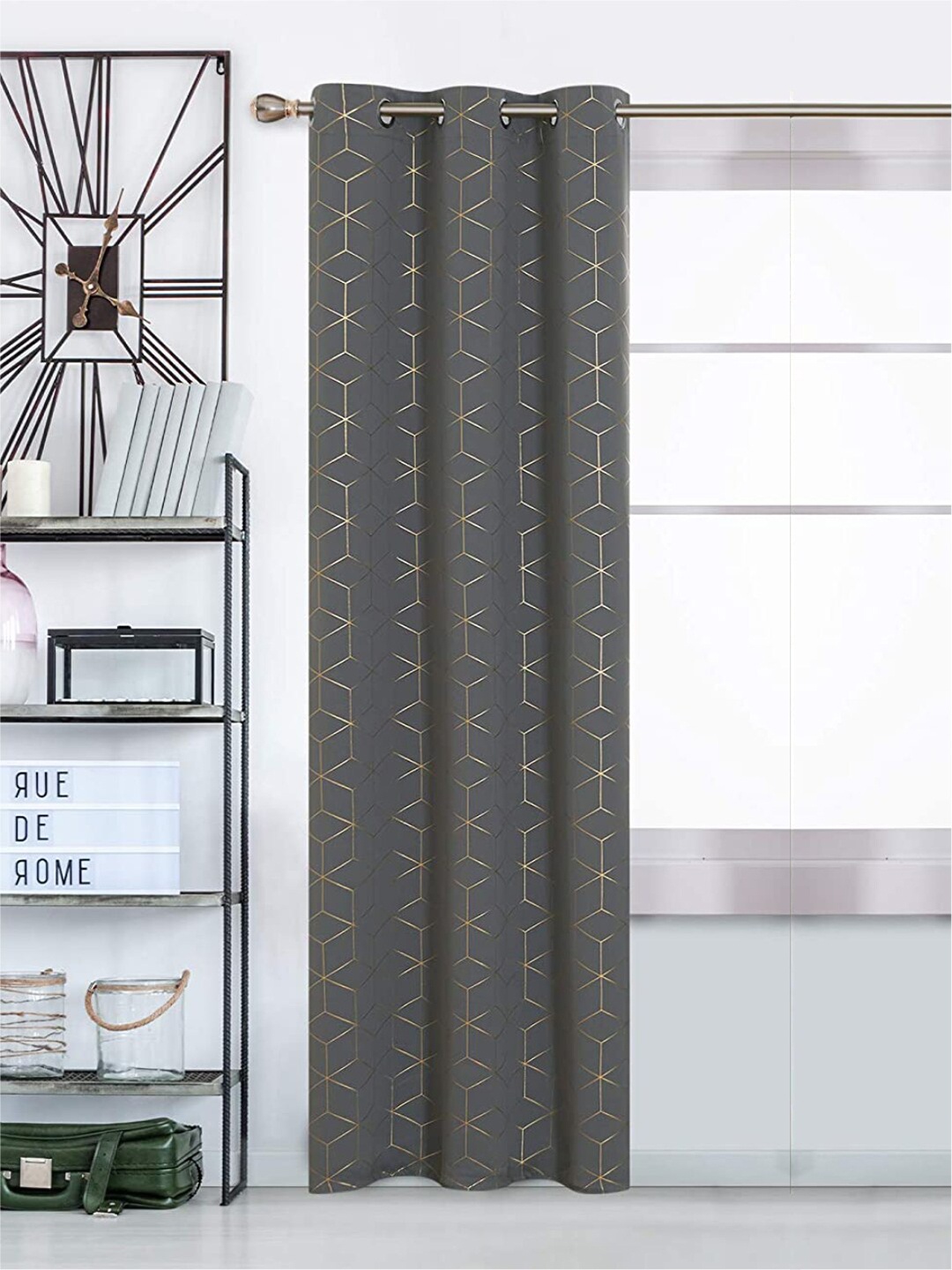 

URBAN SPACE Grey & Gold-Toned Geometric Black Out Long Door Curtain