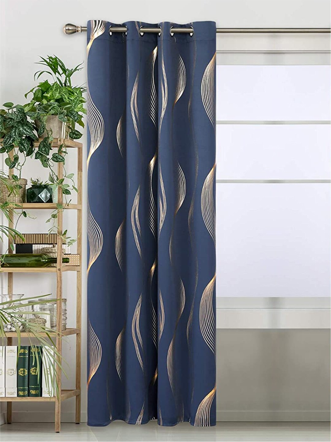 

URBAN SPACE Navy Blue & Gold-Toned Black Out Long Door Curtain