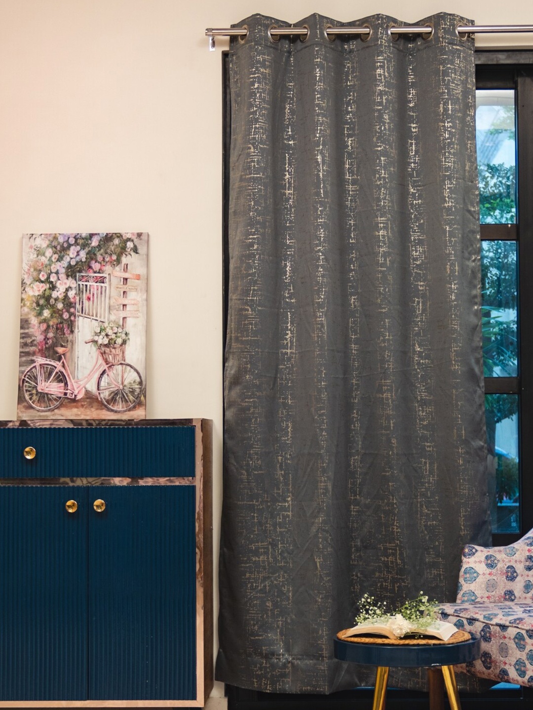 

URBAN SPACE Gold Foil Grey & Gold-Toned Abstract Black Out Cotton Window Curtain