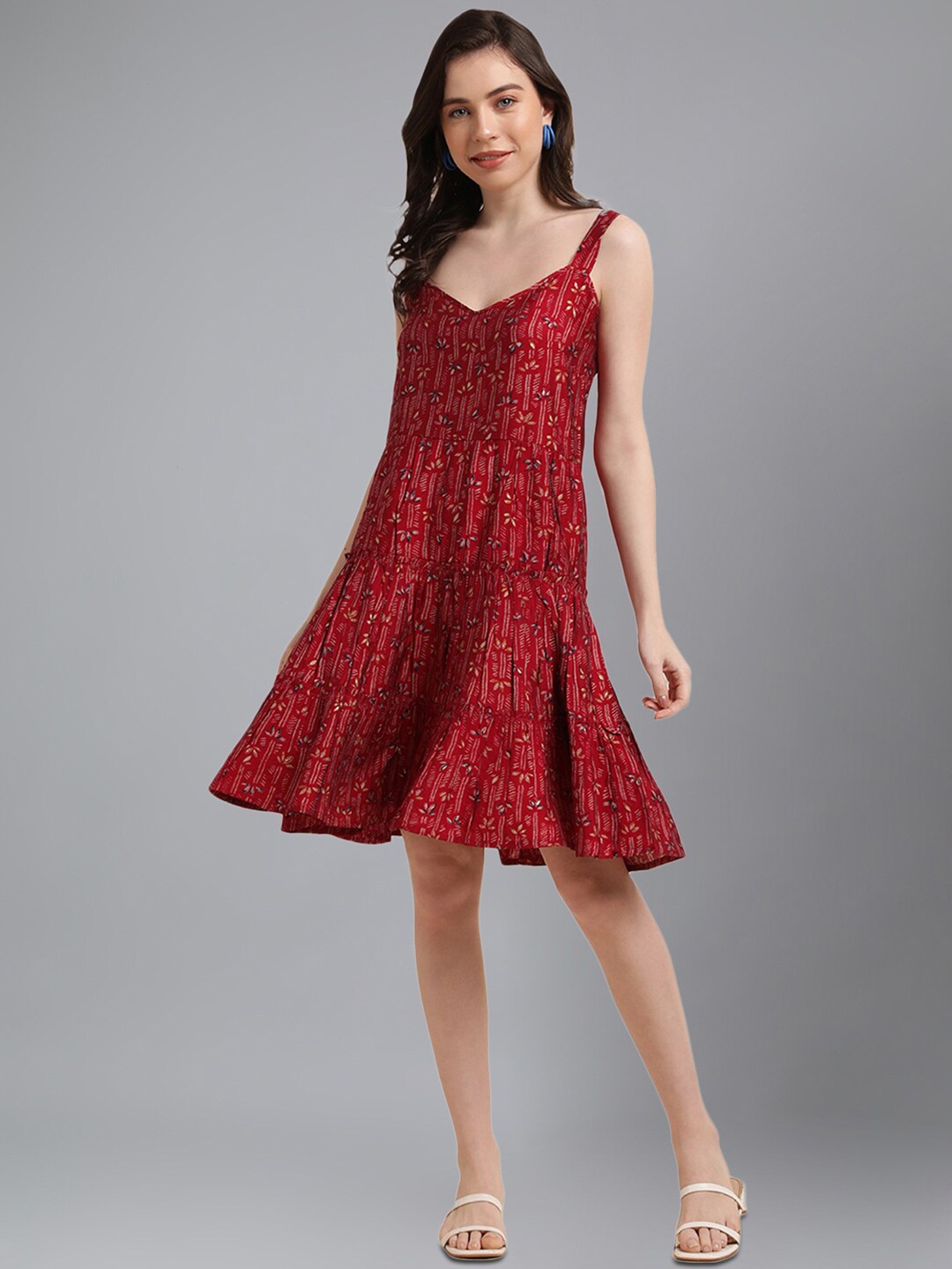 

KALINI Red Floral Printed Shoulder Strap Tiered Fit & Flare Above Knee Dress