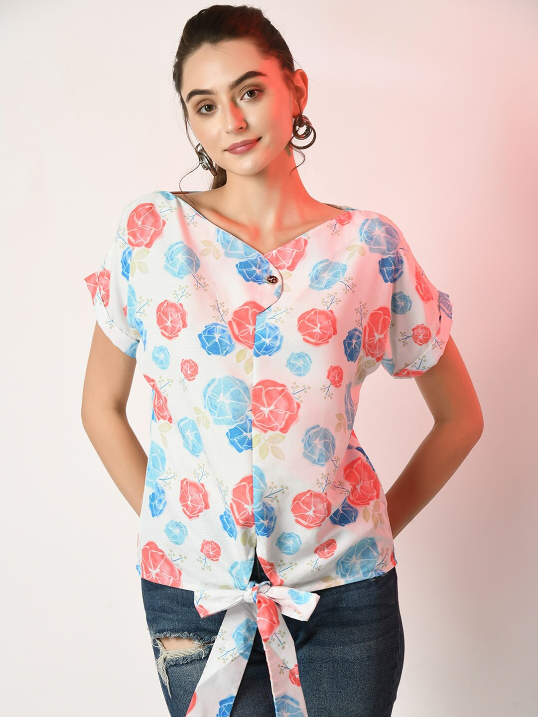

Sangria Floral Printed V-Neck Top, White