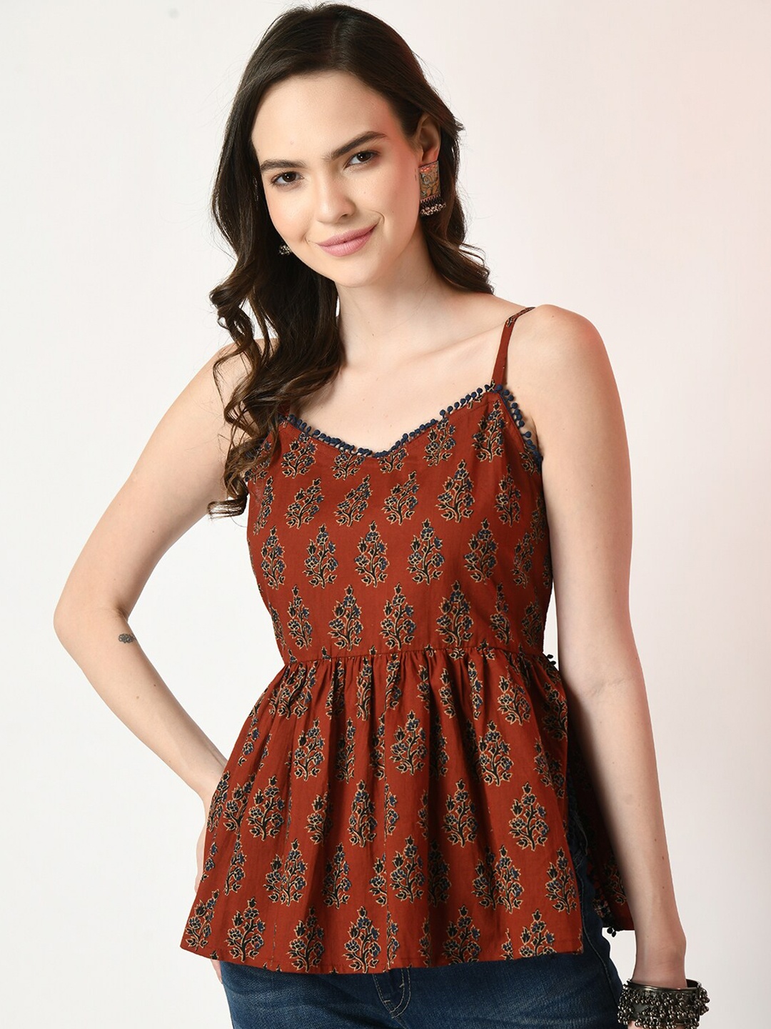 

Sangria Ethnic Motifs Printed Pure Cotton A Line Top, Rust