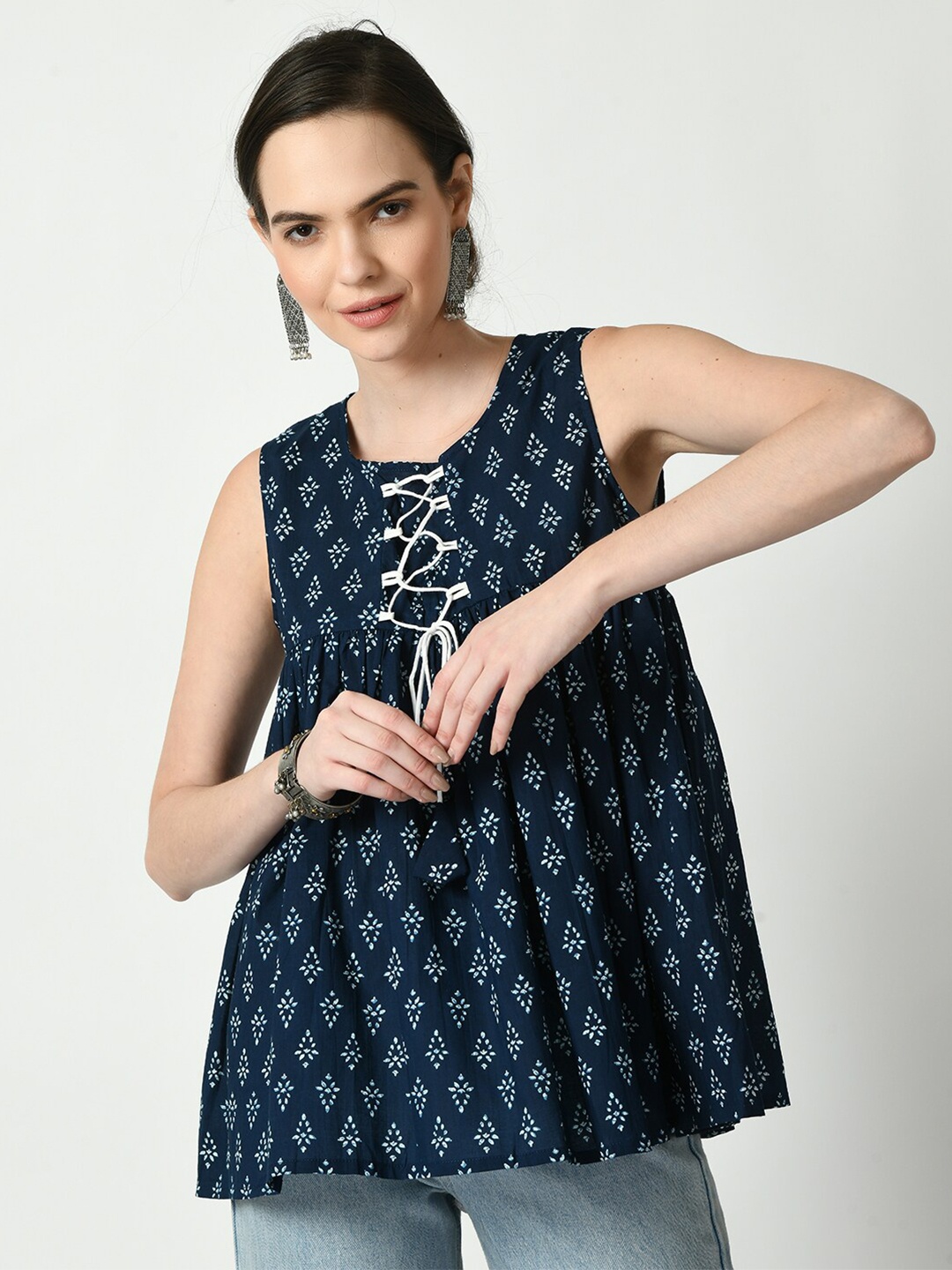 

Sangria Ethnic Motifs Printed Tie Ups Cotton A Line Top, Navy blue