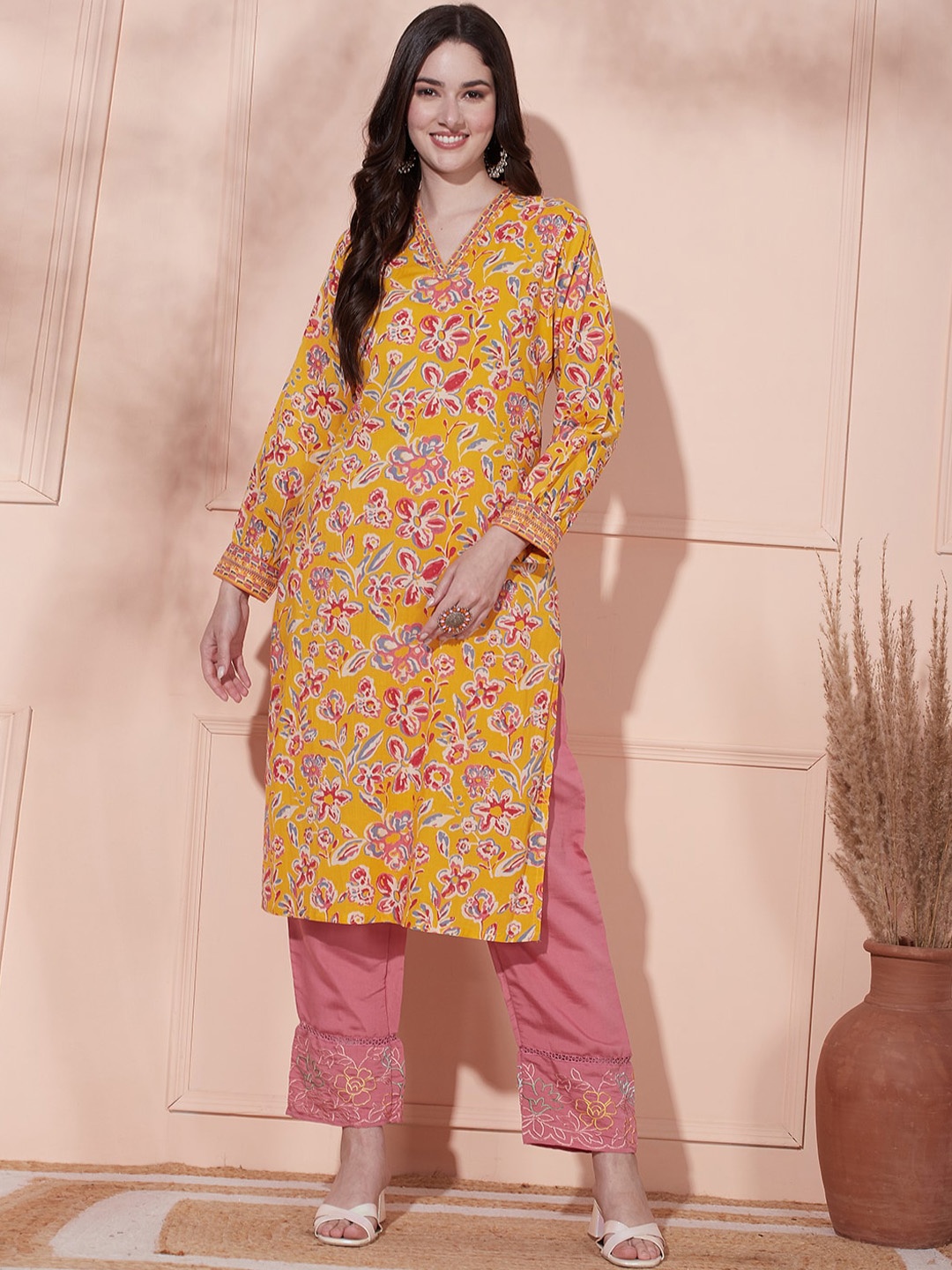 

FASHOR Floral Printed Cotton Straight Kurta, Yellow
