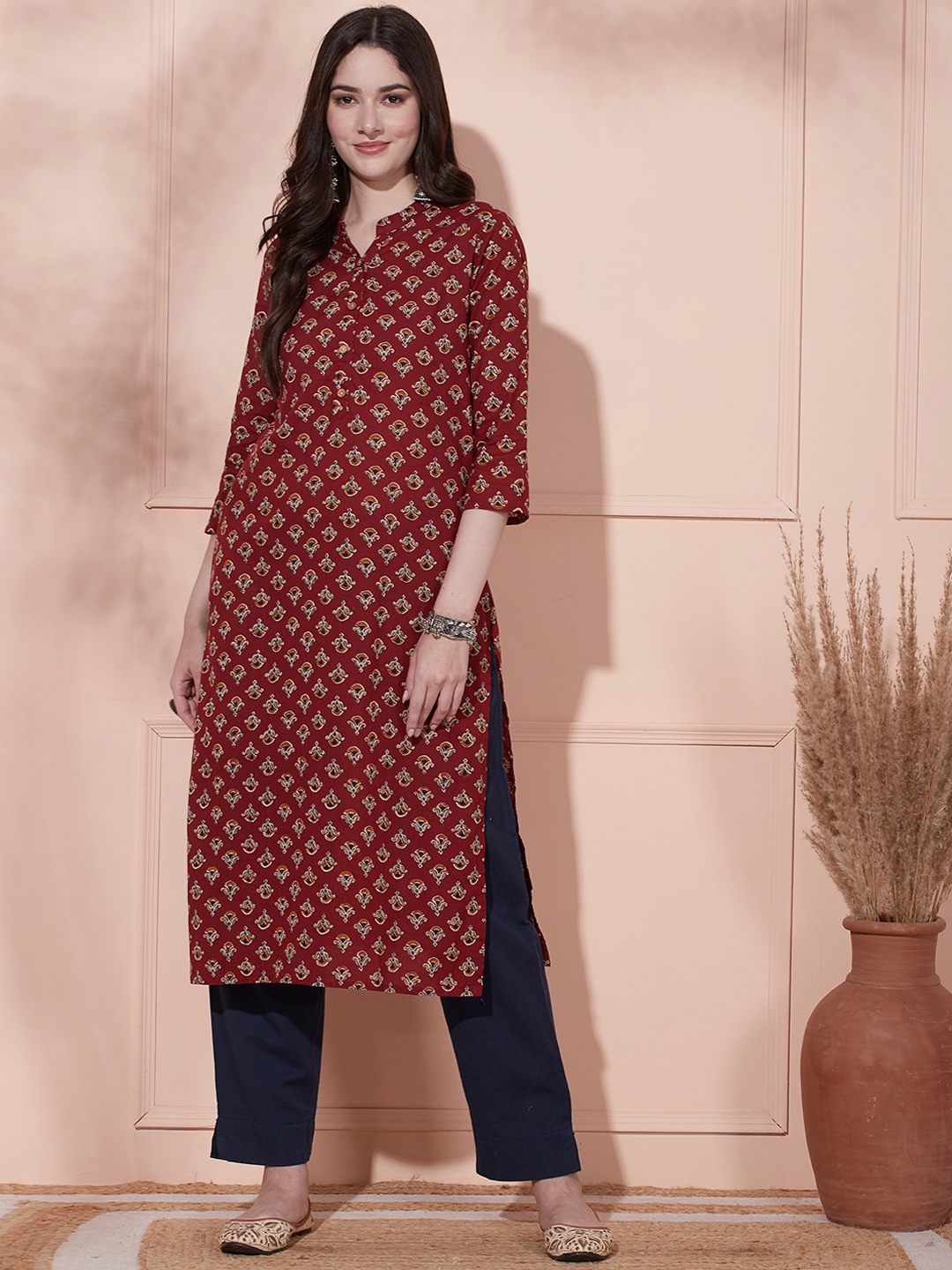 

FASHOR Ethnic Motifs Printed Mandarin Collar Cotton Straight Kurta, Brown