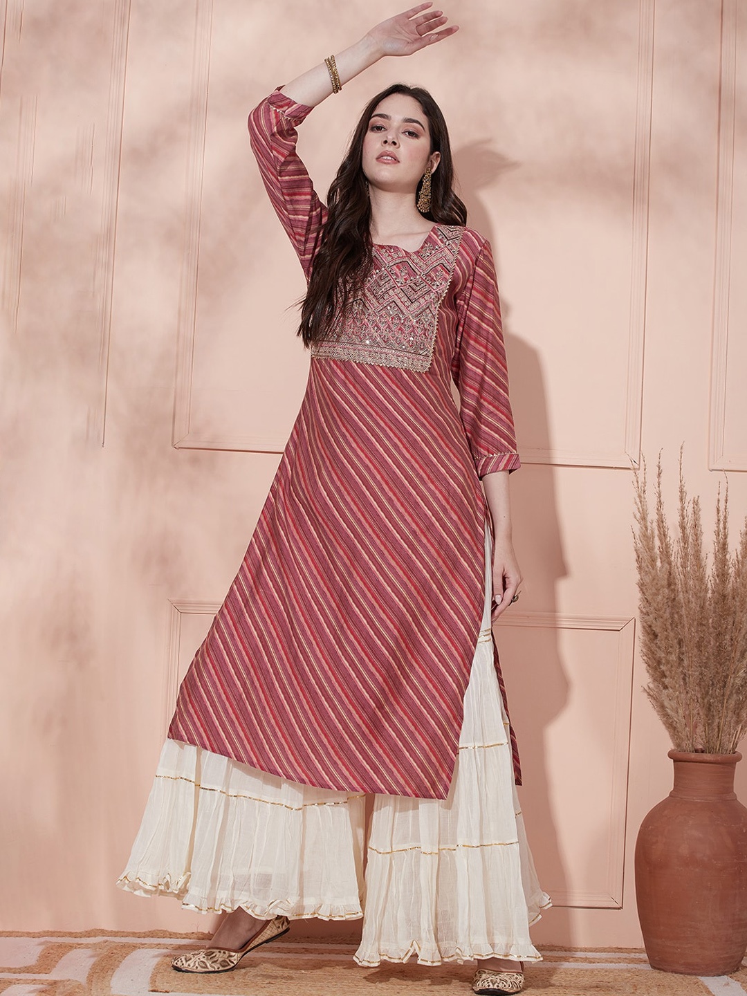 

FASHOR Striped Thread Work Straight Kurta, Mauve