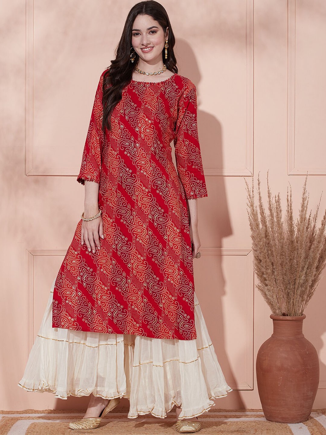 

FASHOR Bandhani Printed Straight Kurta, Red