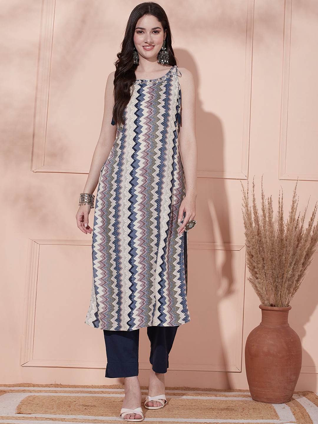 FASHOR Chevron Printed Shoulder Straps Sequinned A-Line Kurta, Cream