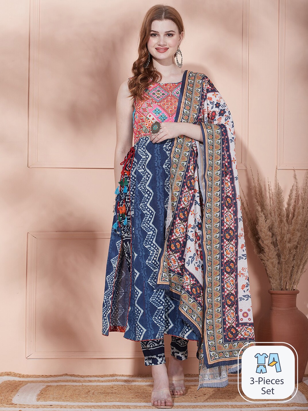 

FASHOR Ethnic Motifs Printed A-Line Kurta With Trousers & Dupatta, Blue