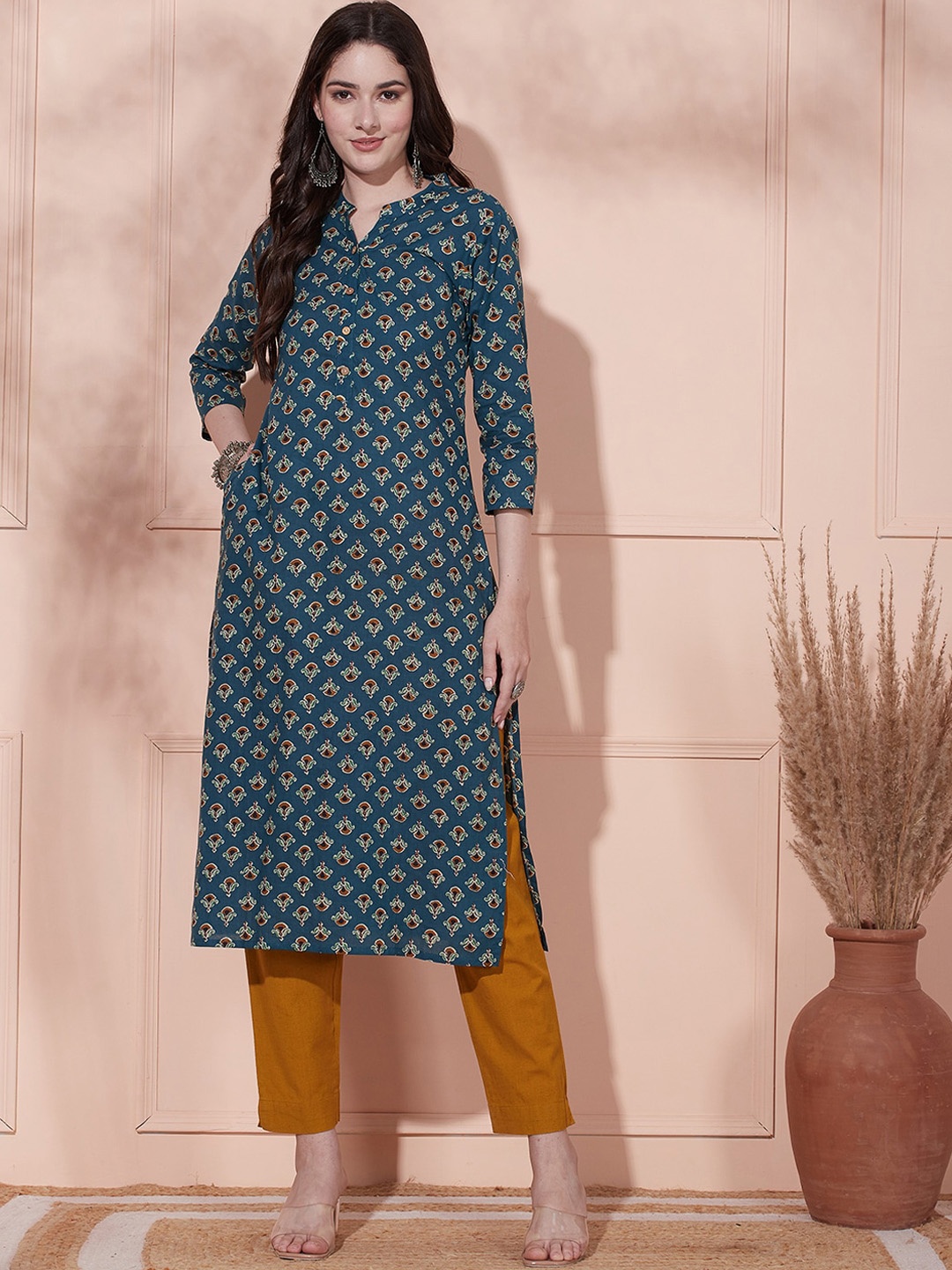 

FASHOR Ethnic Motifs Printed Pure Cotton Straight Kurta, Teal