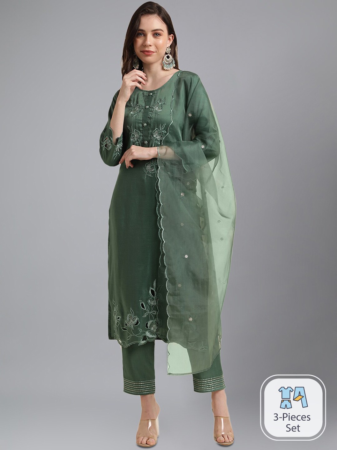 

KALINI Floral Embroidered Thread Work Straight Kurta With Trousers & Dupatta, Green
