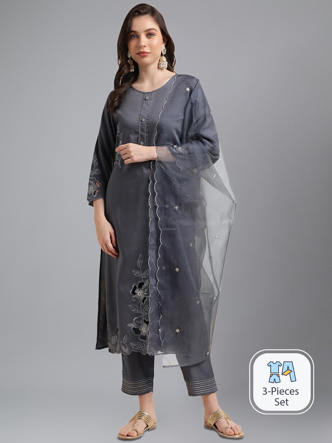 

KALINI Floral Embroidered Kurta with Trousers & Dupatta, Grey