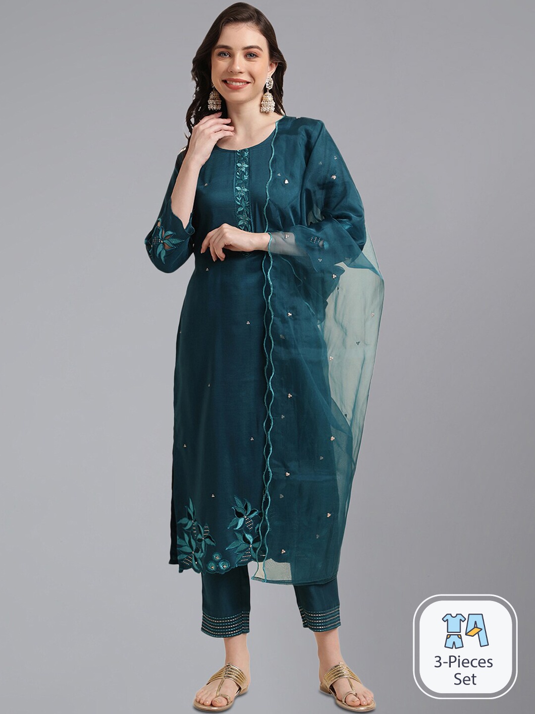 

KALINI Floral Embroidered Straight Kurta with Trousers & Dupatta, Teal