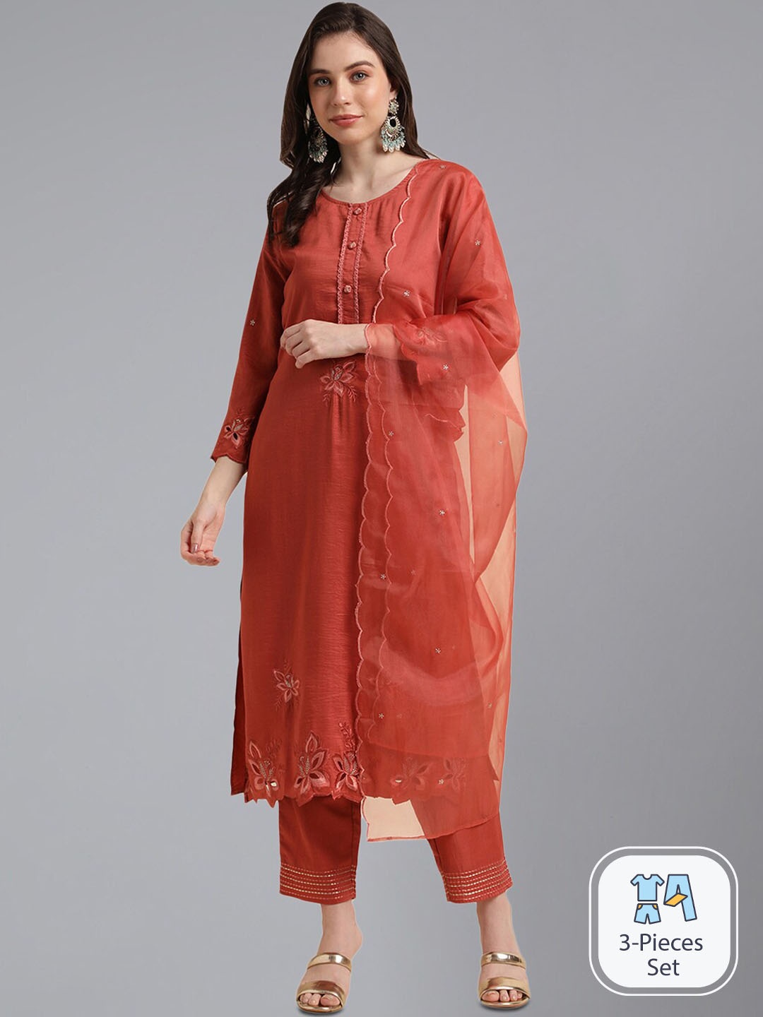 

KALINI Floral Embroidered Regular Thread Work Kurta With Trousers & Dupatta, Orange