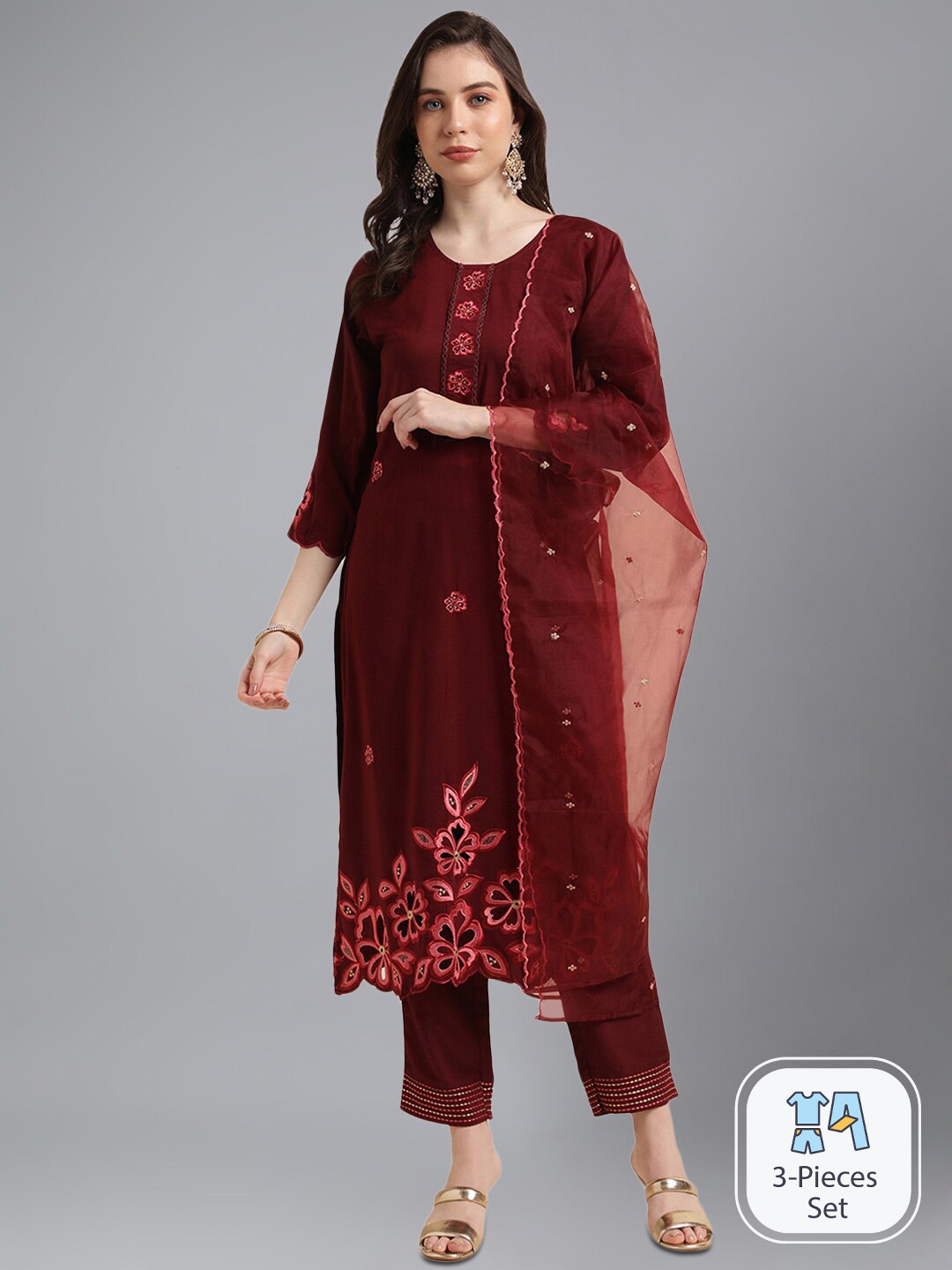 

KALINI Floral Embroidered Straight Kurta with Trousers & Dupatta, Maroon