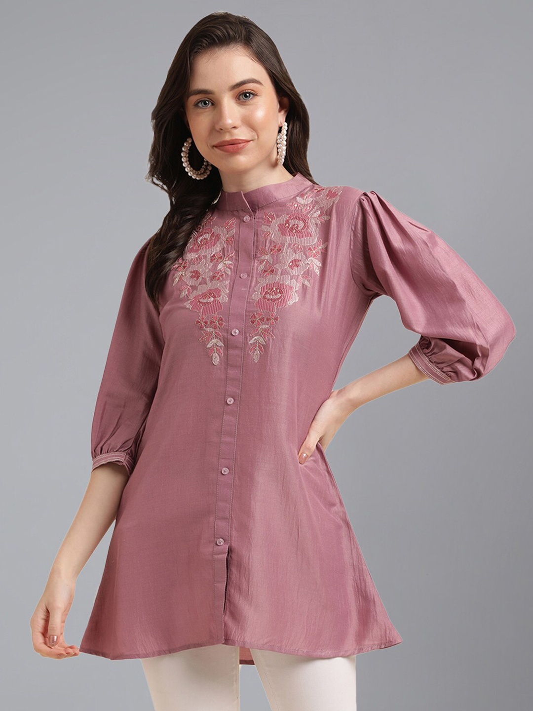 

KALINI Floral Embroidered Mandarin Collar Tunic, Pink