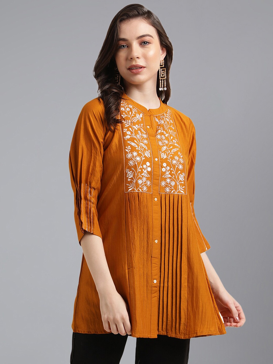 

KALINI Floral Embroidered Mandarin Collar Top, Mustard