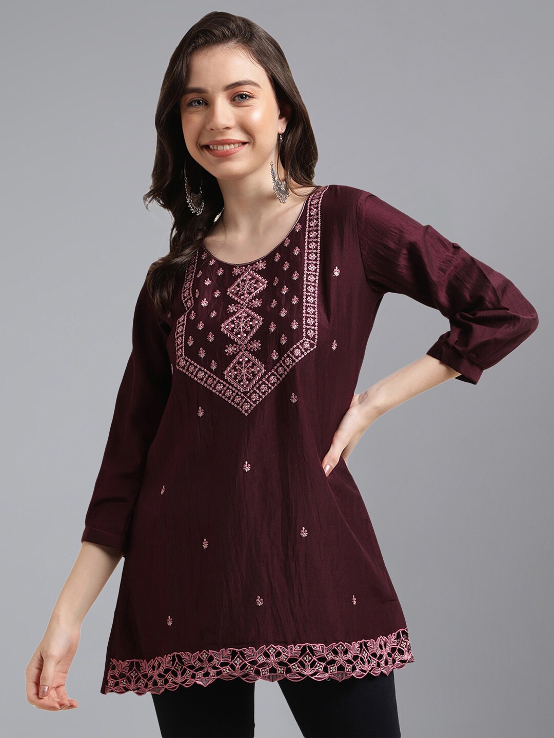 

KALINI Ethnic Motifs Embroidered A-Line Top, Magenta