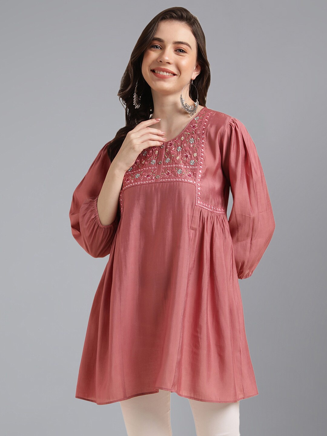 

KALINI Puff Sleeves Embroidered A-Line Top, Pink