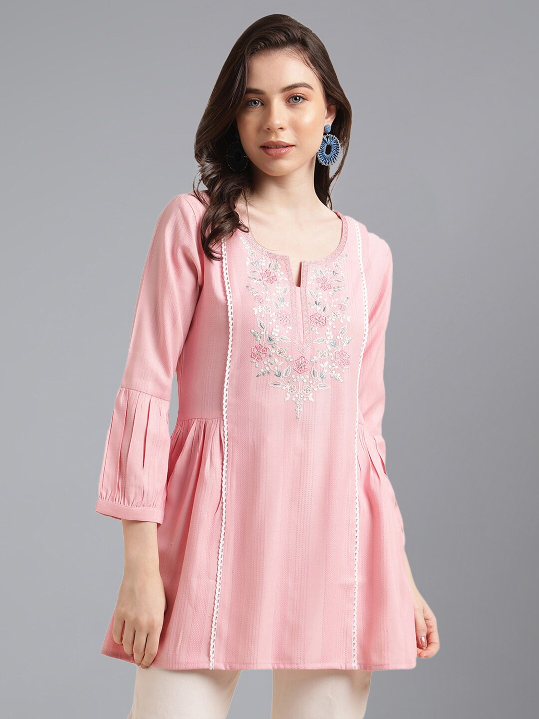 

KALINI Ethnic Motifs Embroidered Round Neck Thread Work A-Line Kurti, Pink