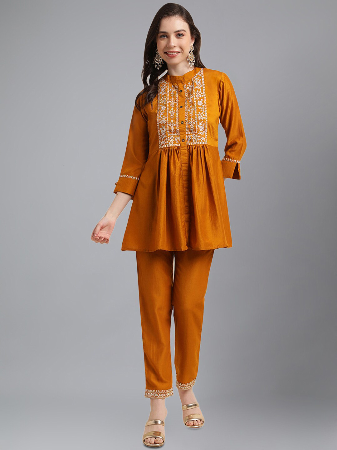 

KALINI Embroidered Mandarin Collar Top With Trousers, Mustard