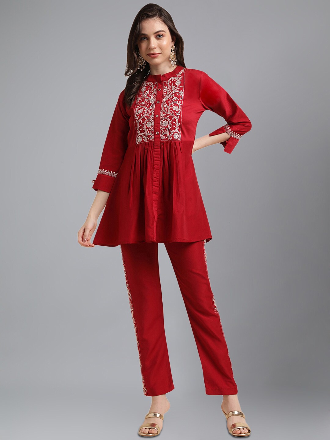 

KALINI Embroidered Mandarin Collar Top With Trousers, Red