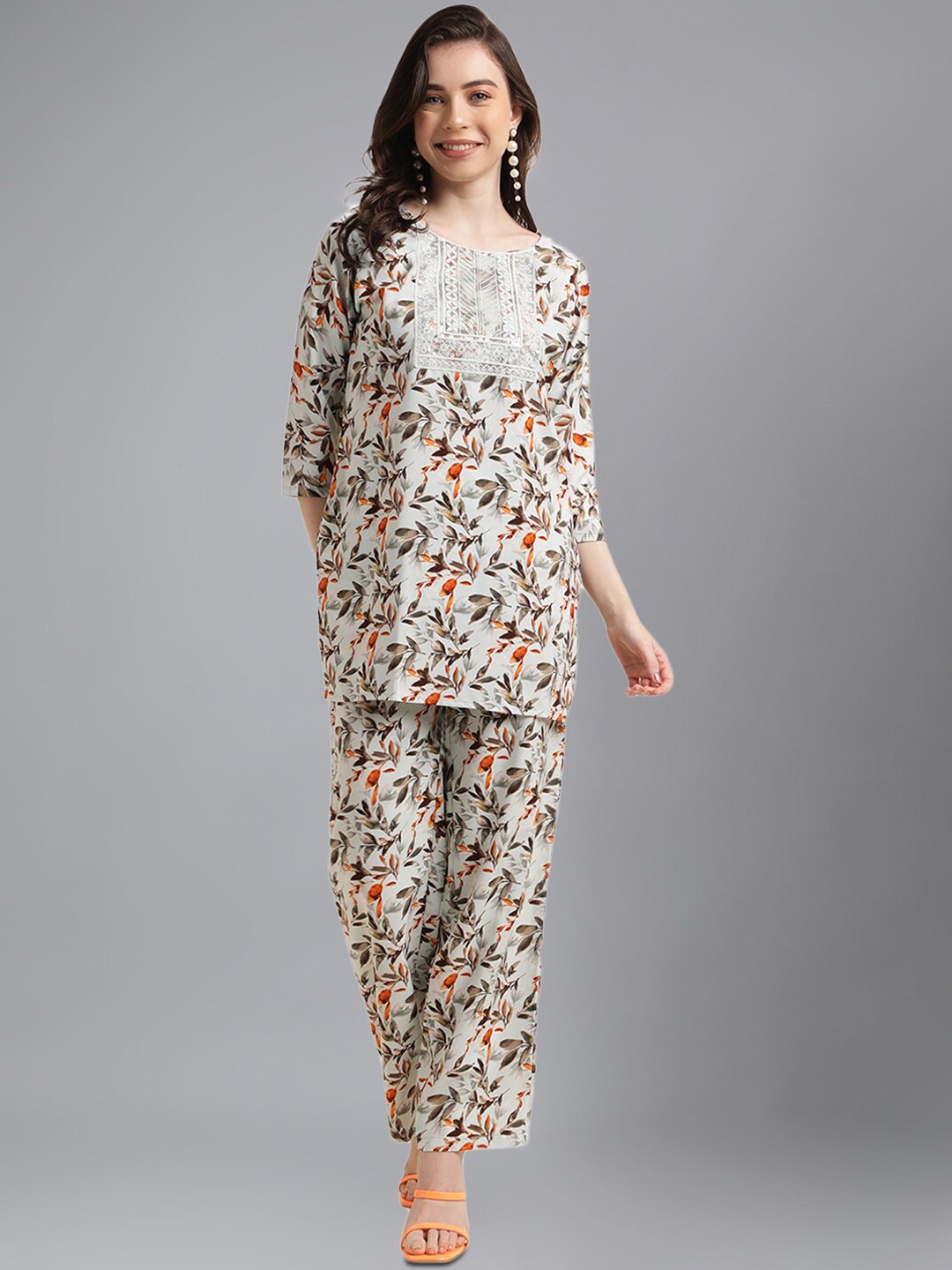 

KALINI Floral Printed Straight Kurti & Palazzo, Grey