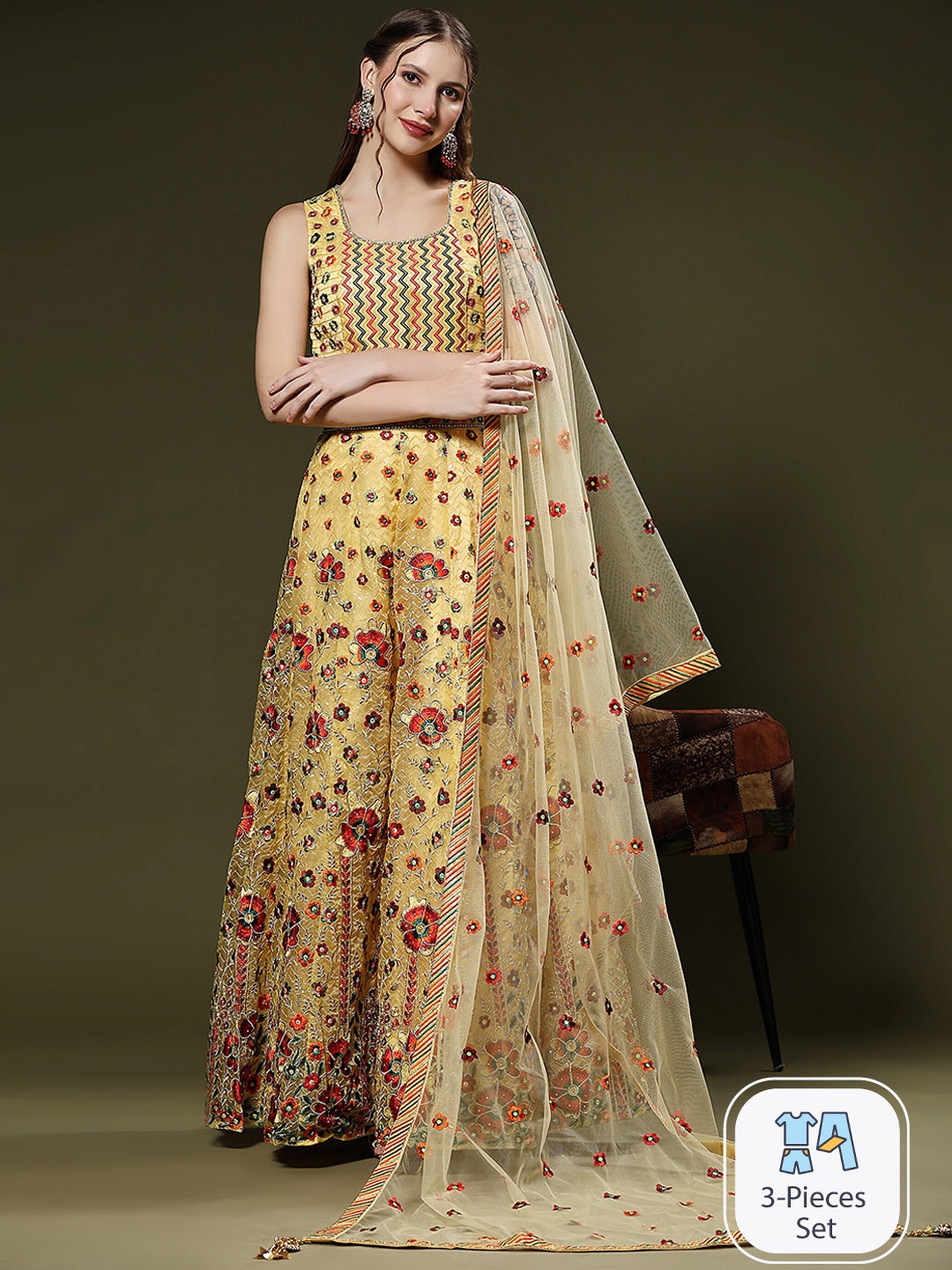 

JUST FASHION Floral Embroidered Ethnic Dress With Dupatta, Yellow