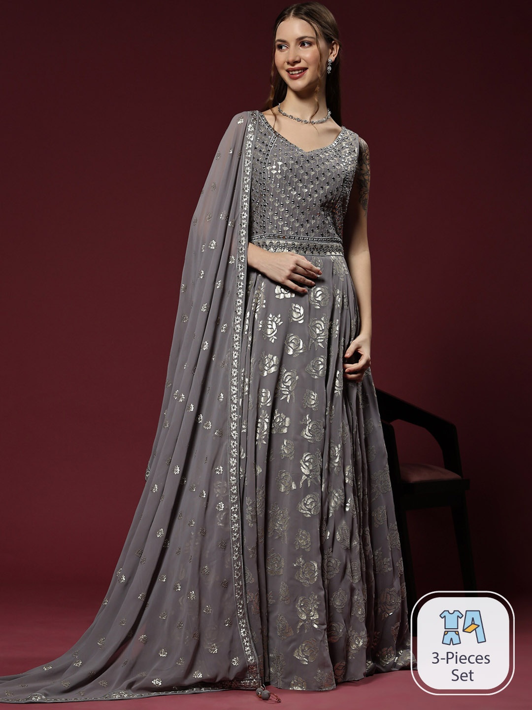 

JUST FASHION Floral Printed Mirror Work Georgette Ethnic Dress With Dupatta, Grey