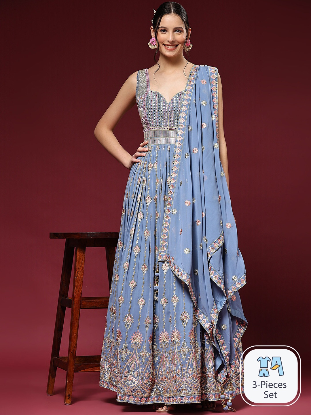 

JUST FASHION Ethnic Motif Embroidered Sequined Georgette Ethnic Gown With Dupatta, Blue