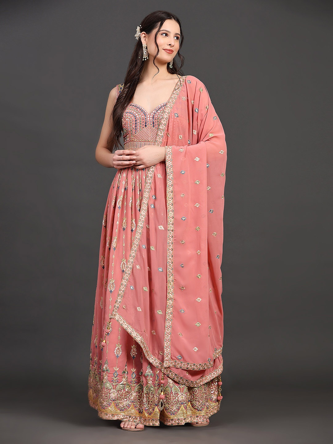 

JUST FASHION Ethnic Motifs Embroidered Georgette Ethnic Dresses with Dupatta, Pink