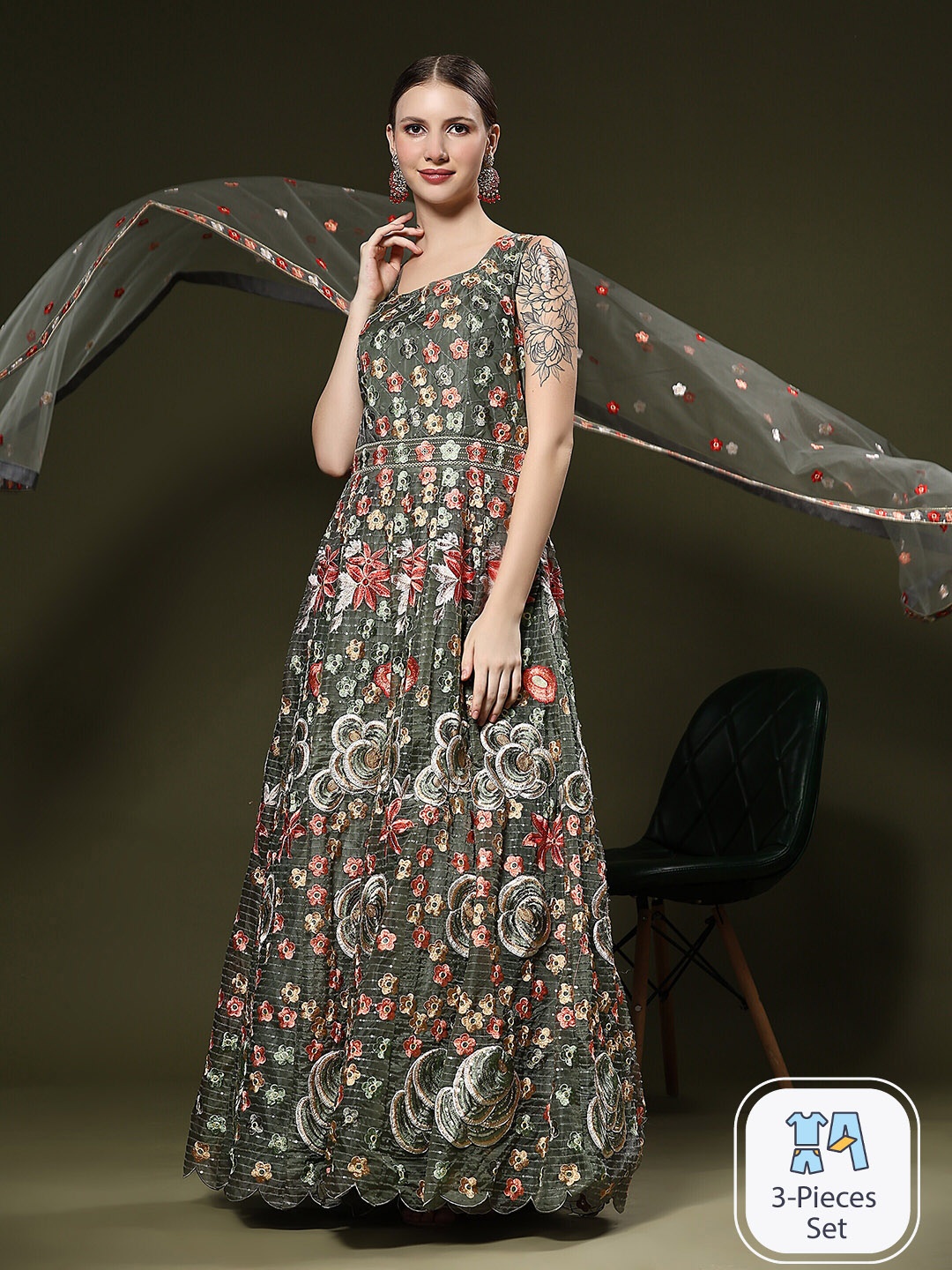 

JUST FASHION Floral Embroidered Sequined Ethnic Gown With Dupatta, Olive