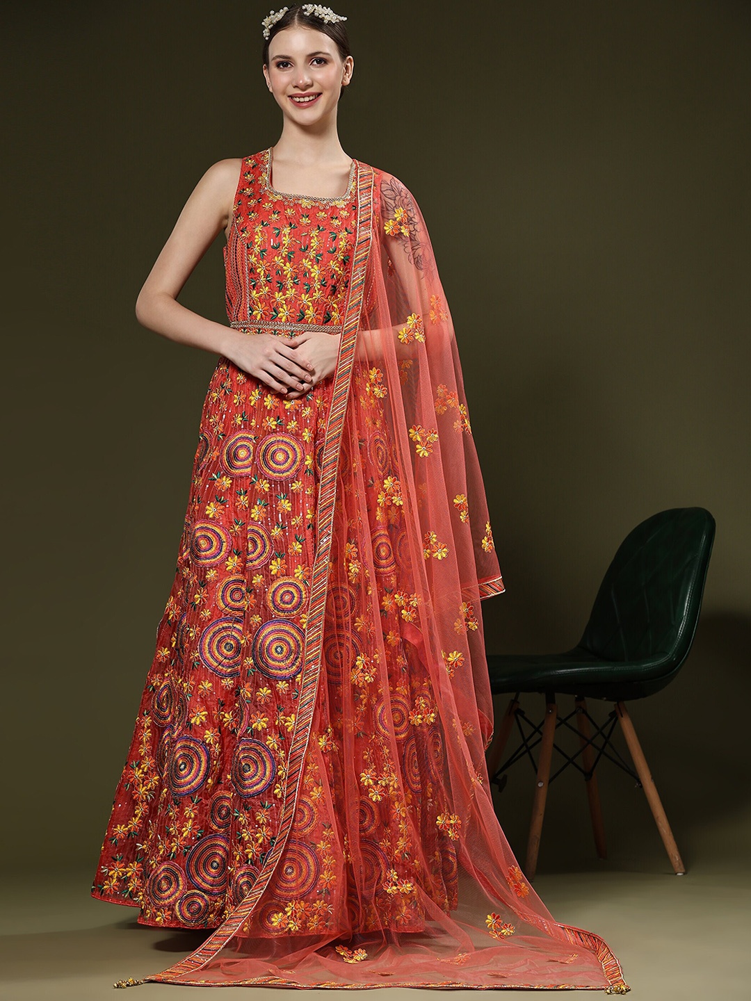 

JUST FASHION Floral Embroidered Sequined Ethnic Gown With Dupatta, Orange