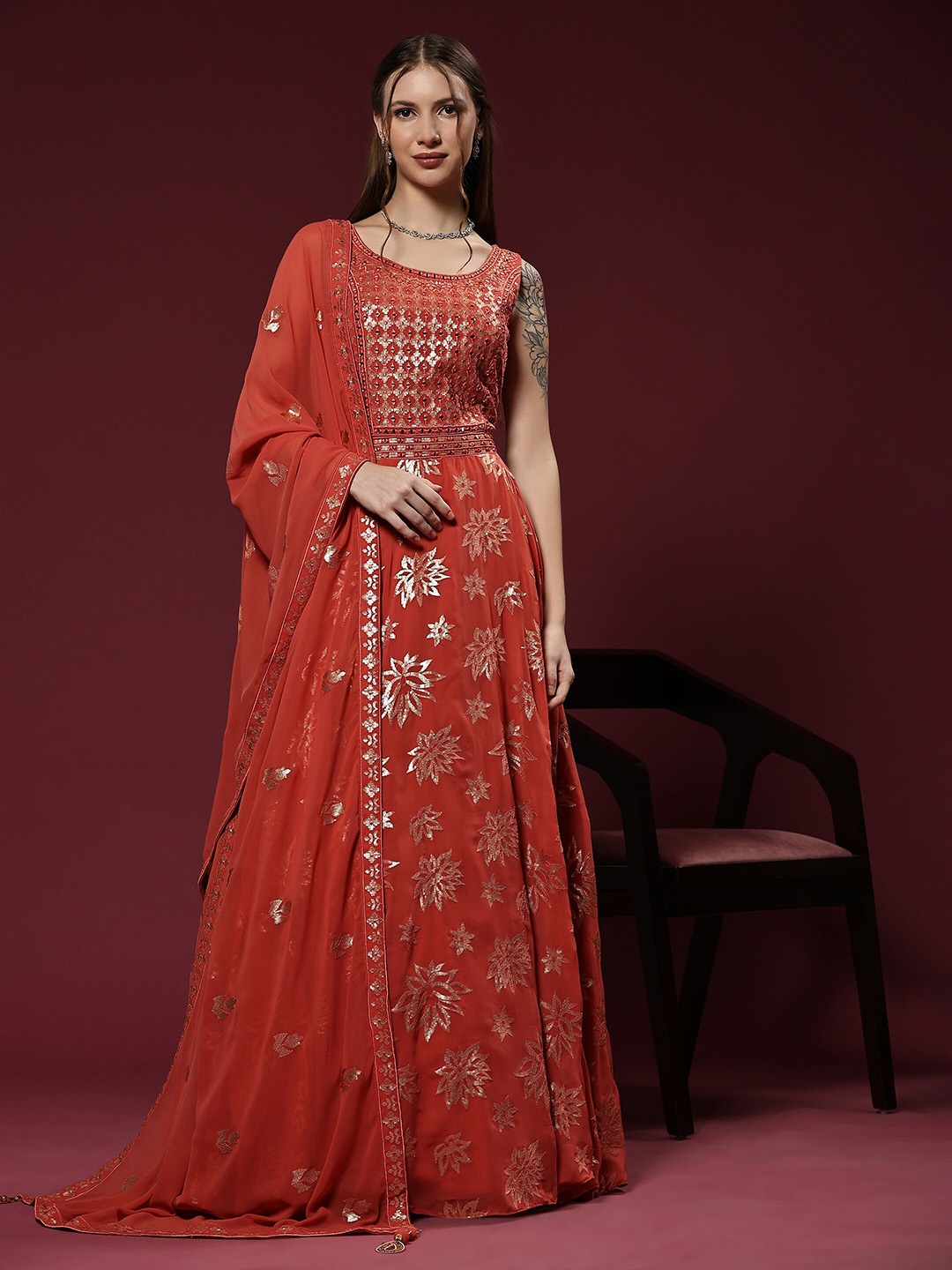 

JUST FASHION Embellished Sequined Georgette Ethnic Gown With Dupatta, Orange