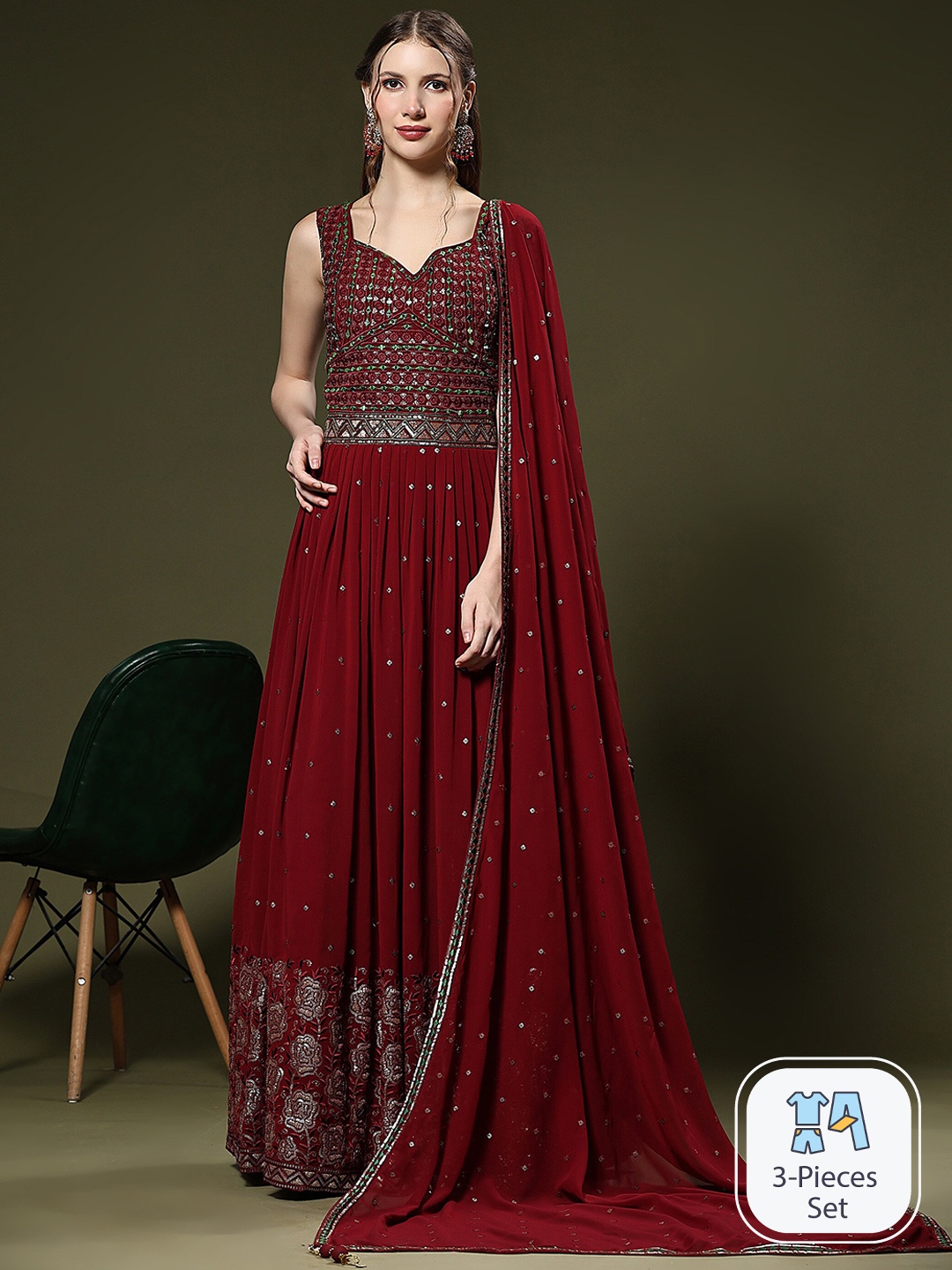

JUST FASHION Embroidered Georgette Ethnic Gown With Dupatta, Maroon